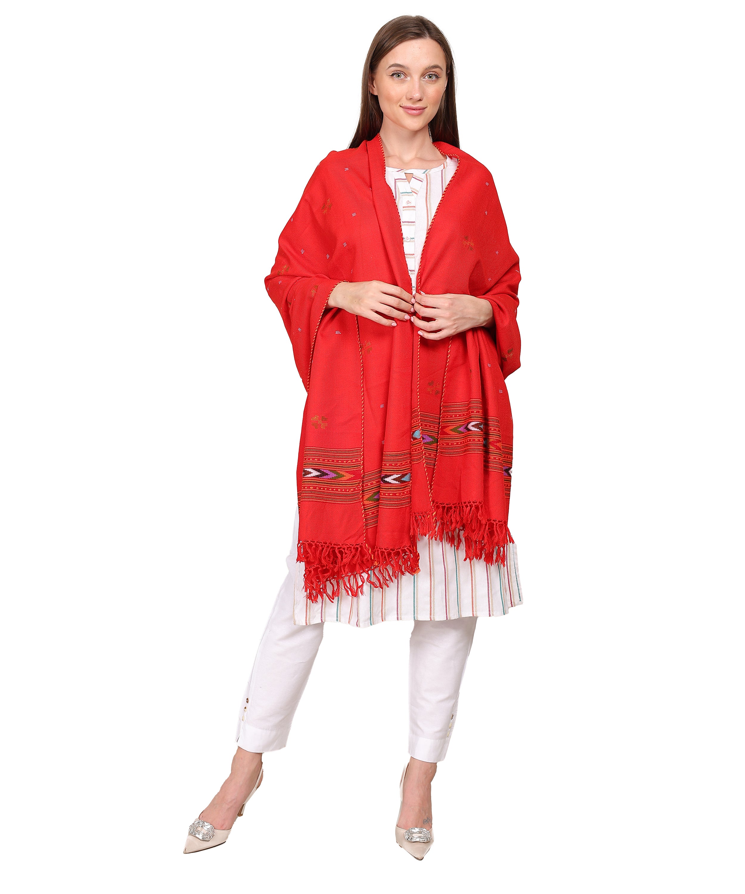 Traditional Handwoven Pure Woollen Kullu Design Red Shawl