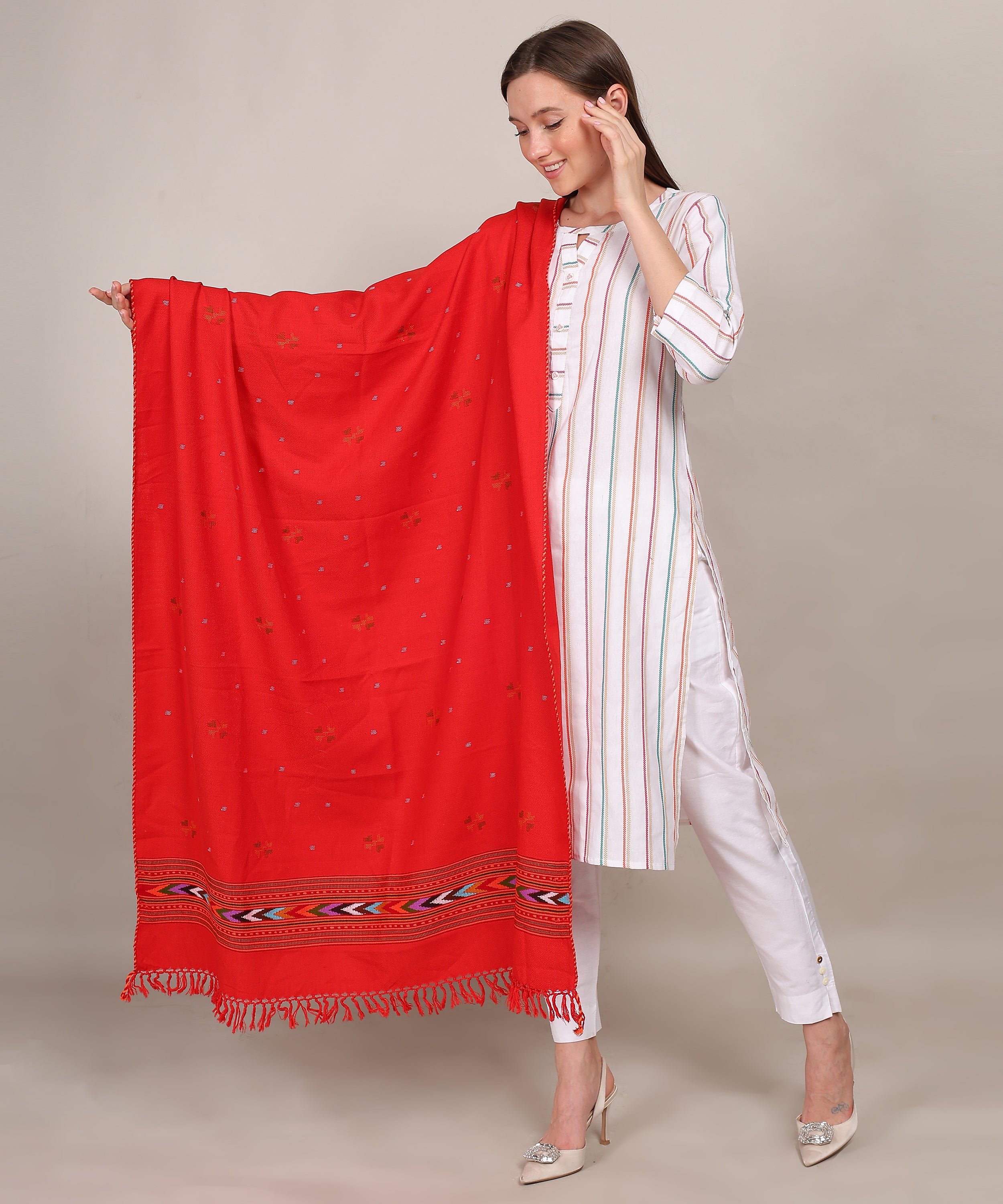 Traditional Handwoven Pure Woollen Kullu Design Red Shawl