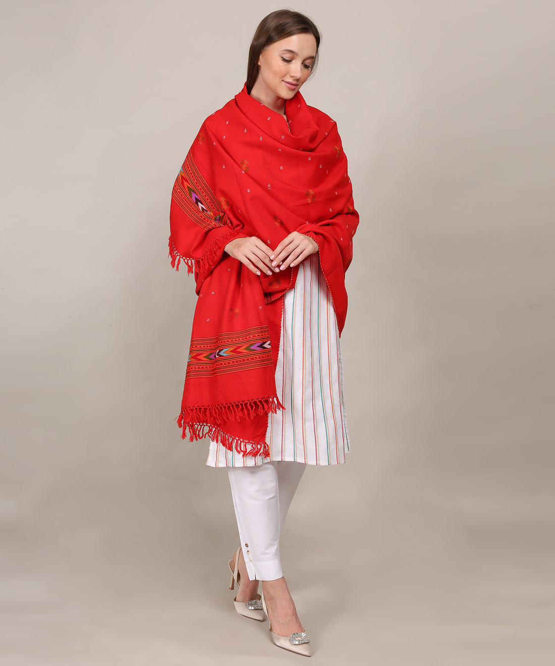 Traditional Handwoven Pure Woollen Kullu Design Red Shawl