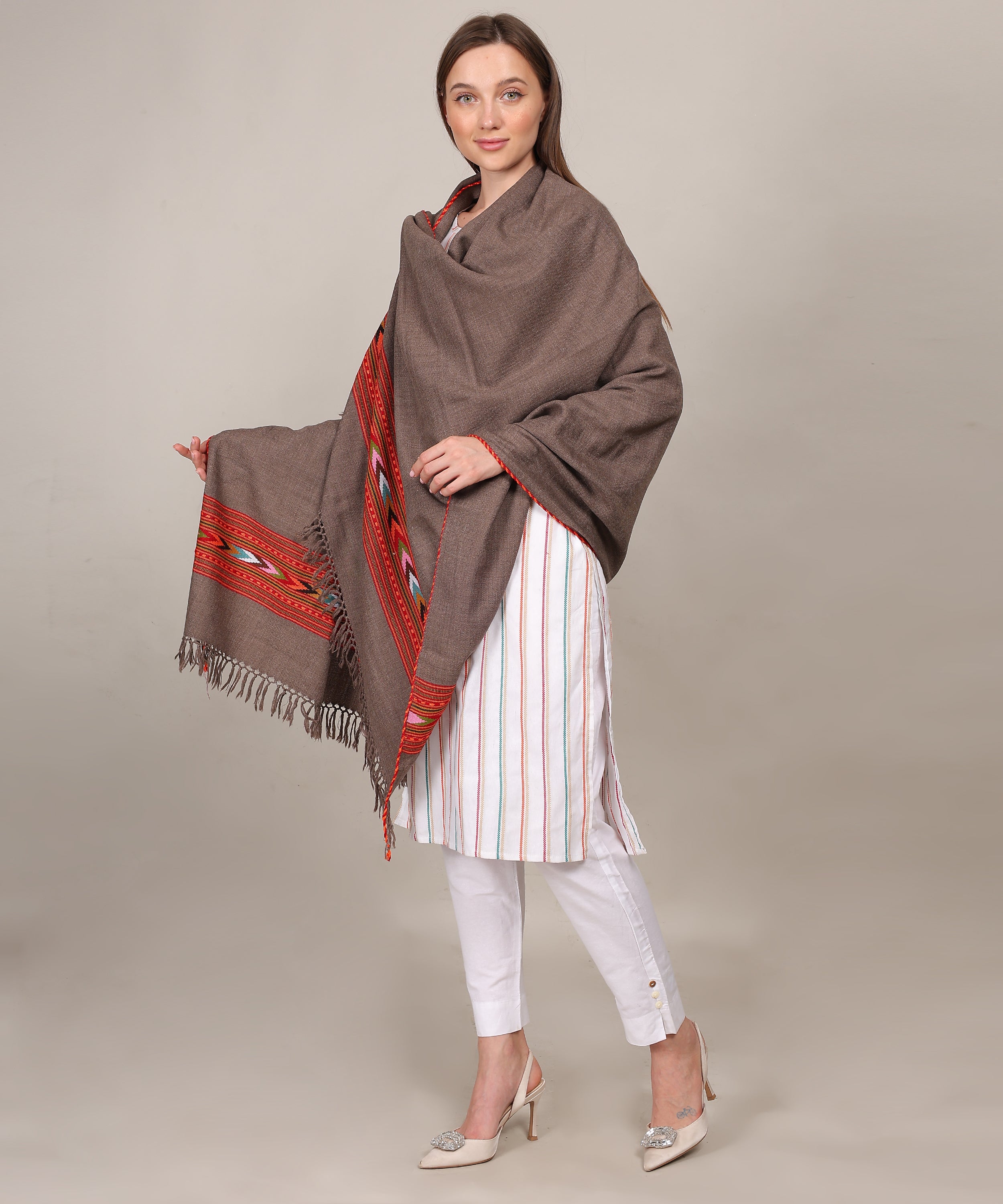 Hand Woven Pure Woollen Kullu Design One Patti Border Brown Shawl