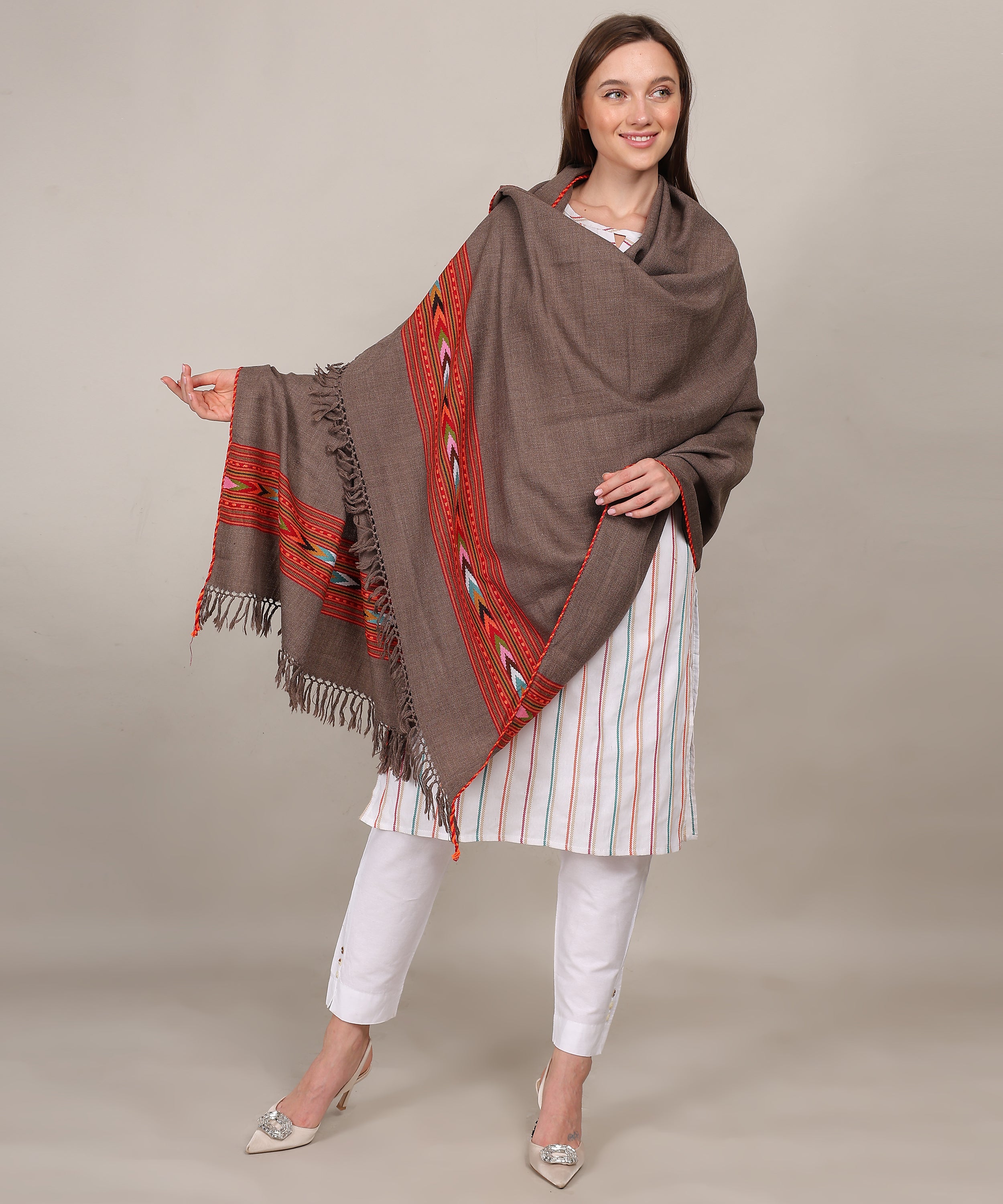 Hand Woven Pure Woollen Kullu Design One Patti Border Brown Shawl