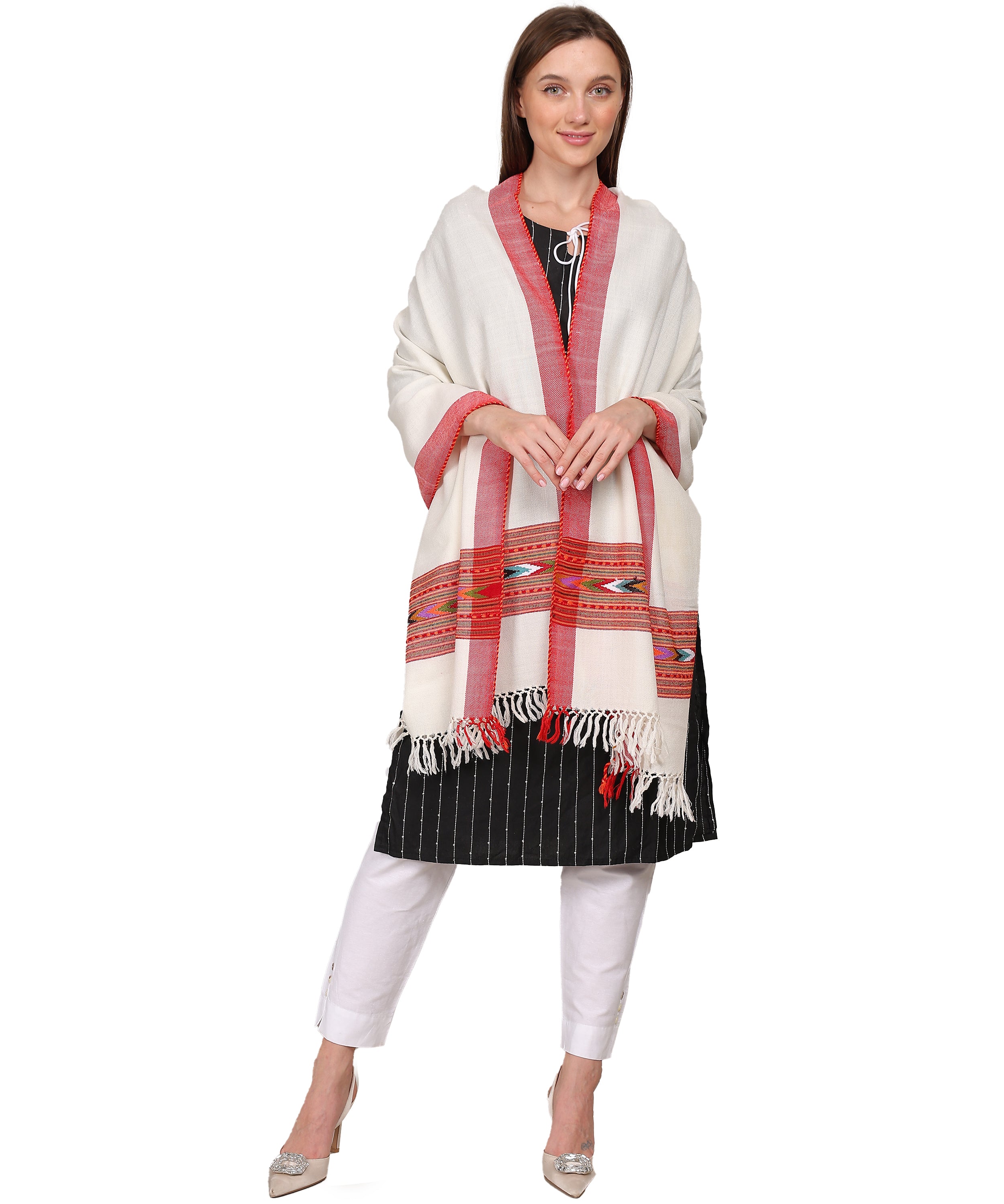 Traditional Kullu Handloom 1 Patti White Stole – Embroidered Patti Pure Woollen Wrap with Elegant Kullu Weaving Design
