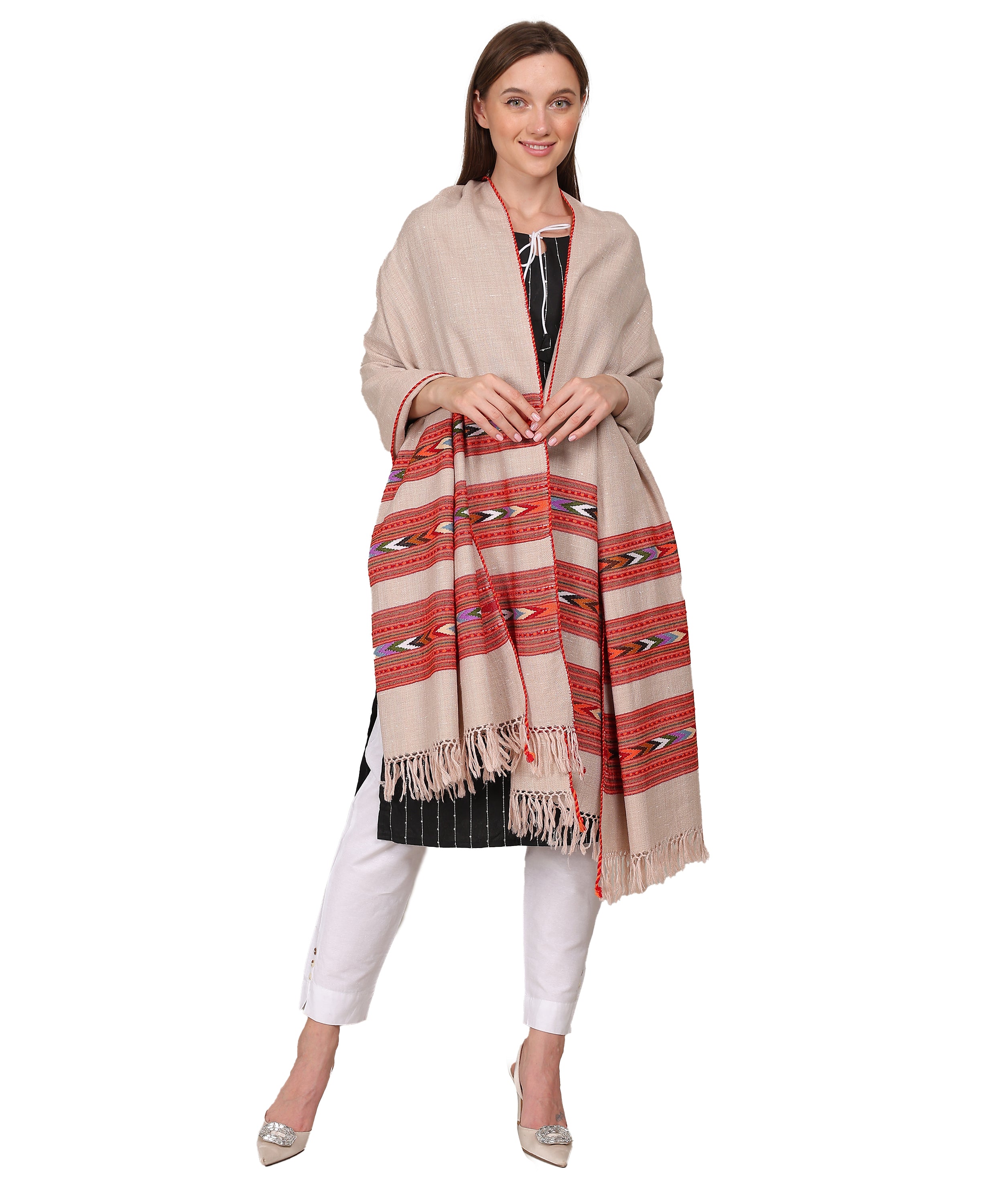 Pure Woollen Kullu Beige Shawl – Embroidered Teen Patti Design