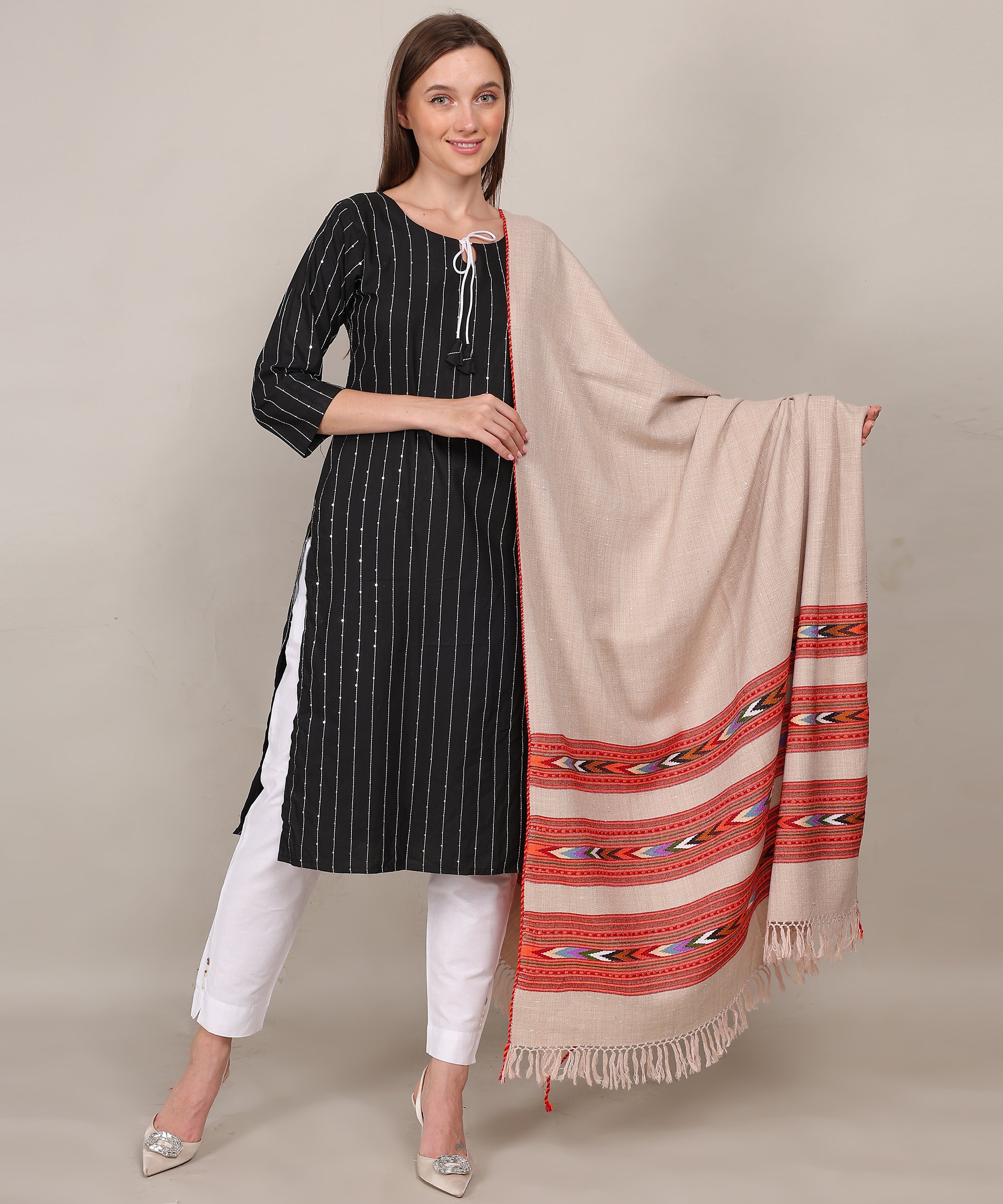 Pure Woollen Kullu Beige Shawl – Embroidered Teen Patti Design