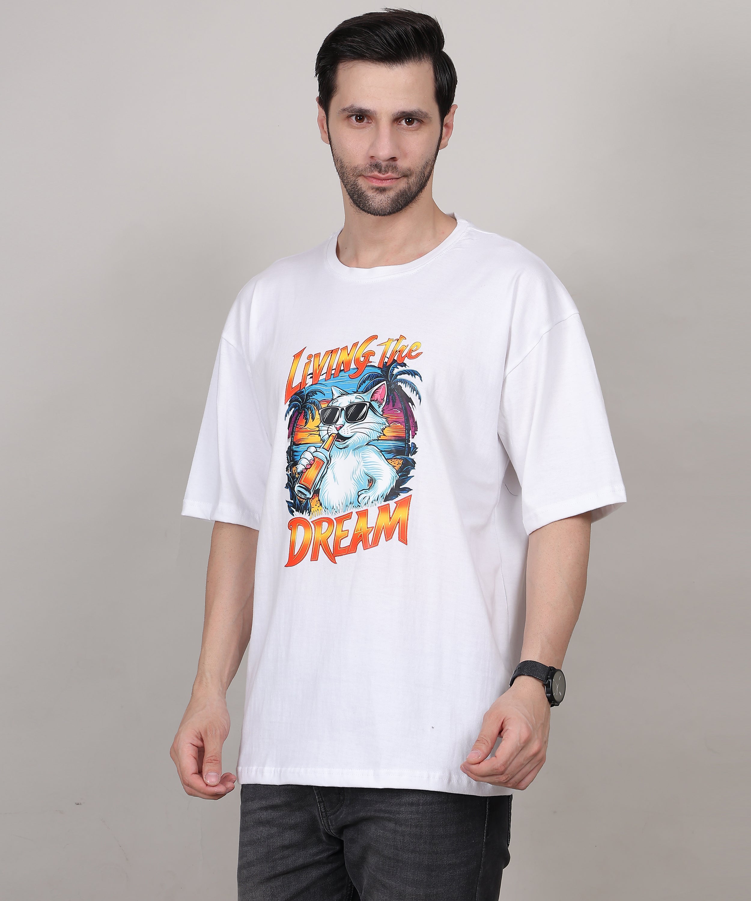 Lightweight White Cotton Oversized Biowash Printed T-Shirt for Men – Half Sleeves