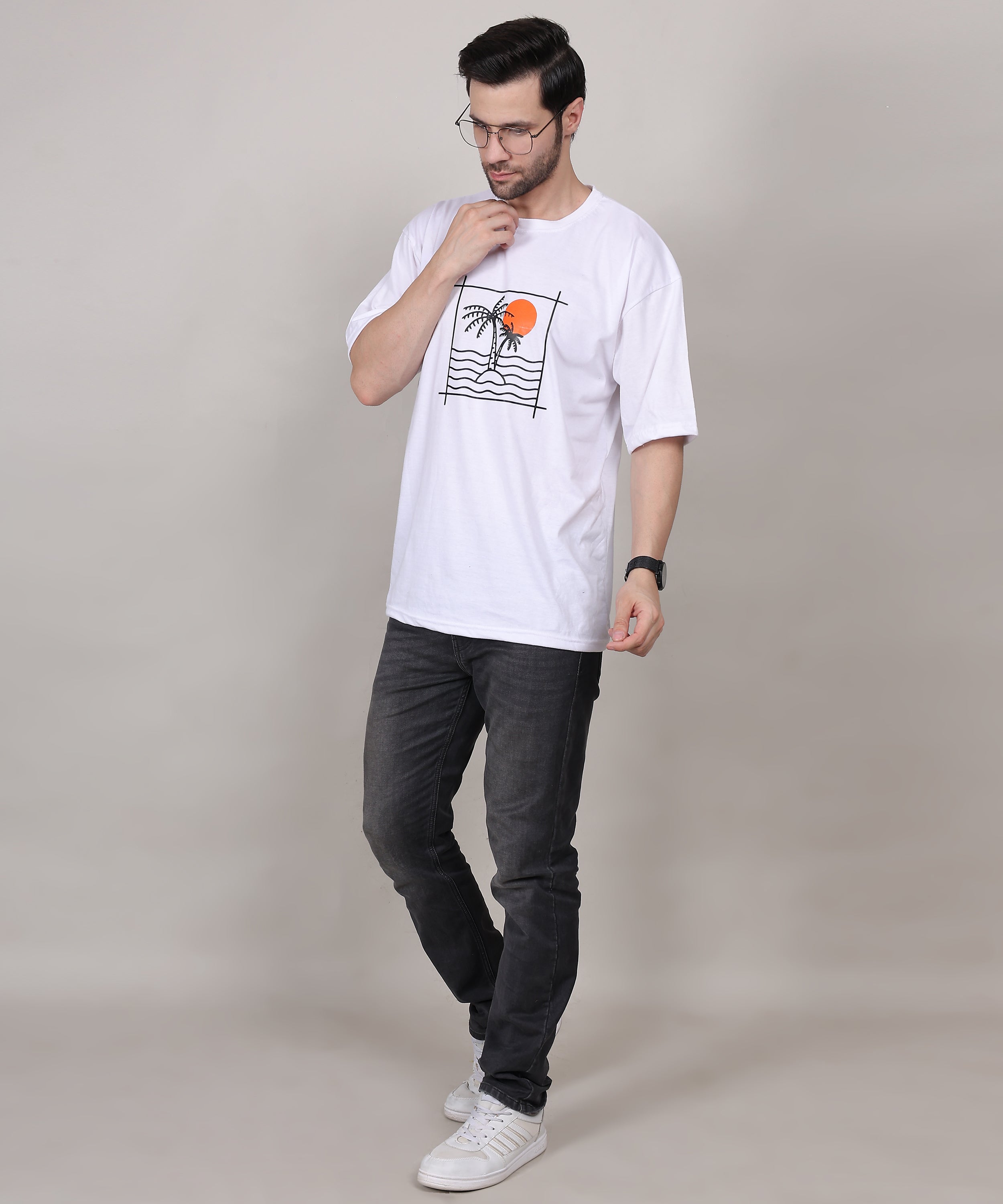 Relaxed Fit White Cotton Printed T-Shirt for Men – Bio-Wash, Oversized, Half Sleeve Tee