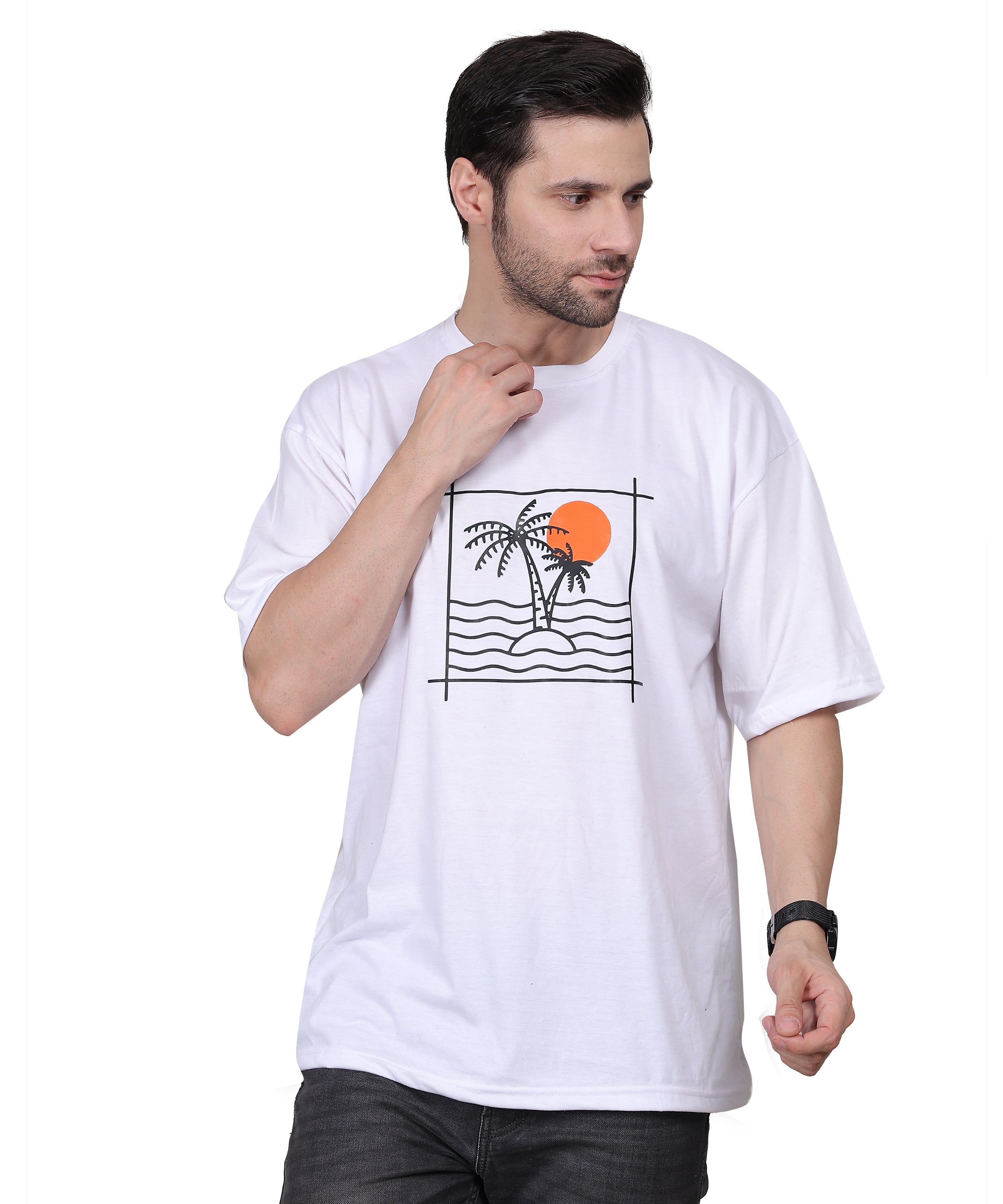 Relaxed Fit White Cotton Printed T-Shirt for Men – Bio-Wash, Oversized, Half Sleeve Tee