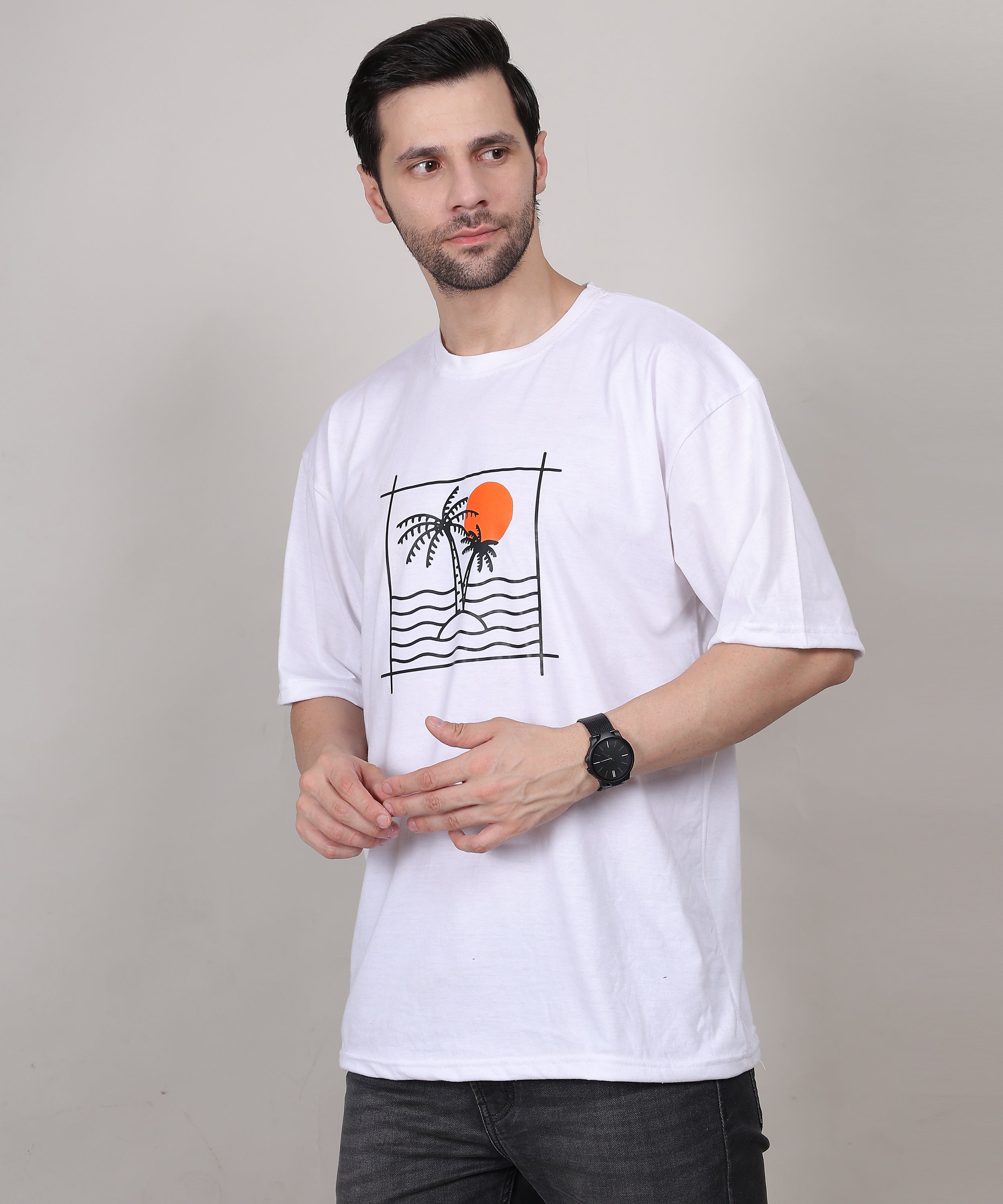 Relaxed Fit White Cotton Printed T-Shirt for Men – Bio-Wash, Oversized, Half Sleeve Tee