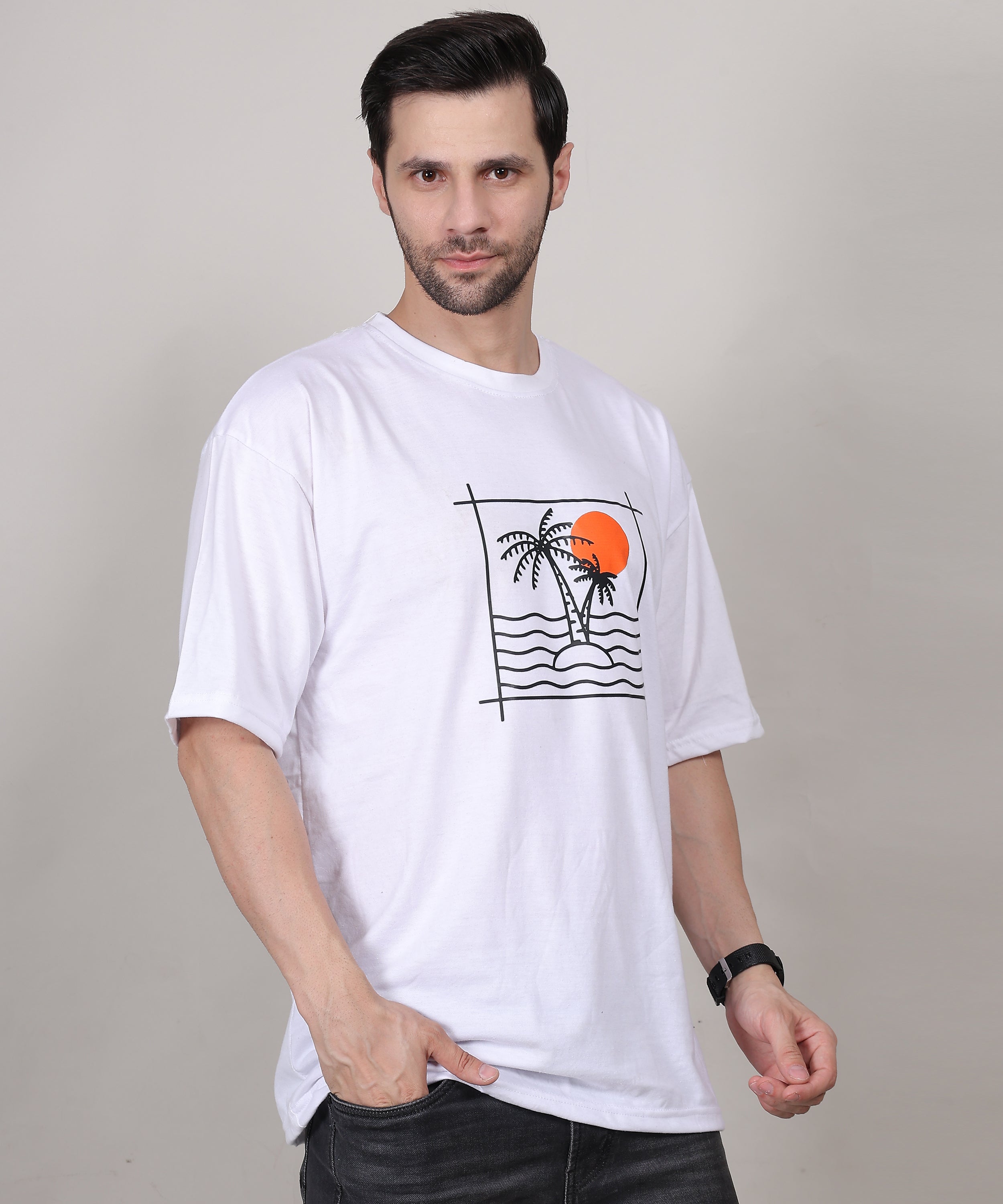 Relaxed Fit White Cotton Printed T-Shirt for Men – Bio-Wash, Oversized, Half Sleeve Tee
