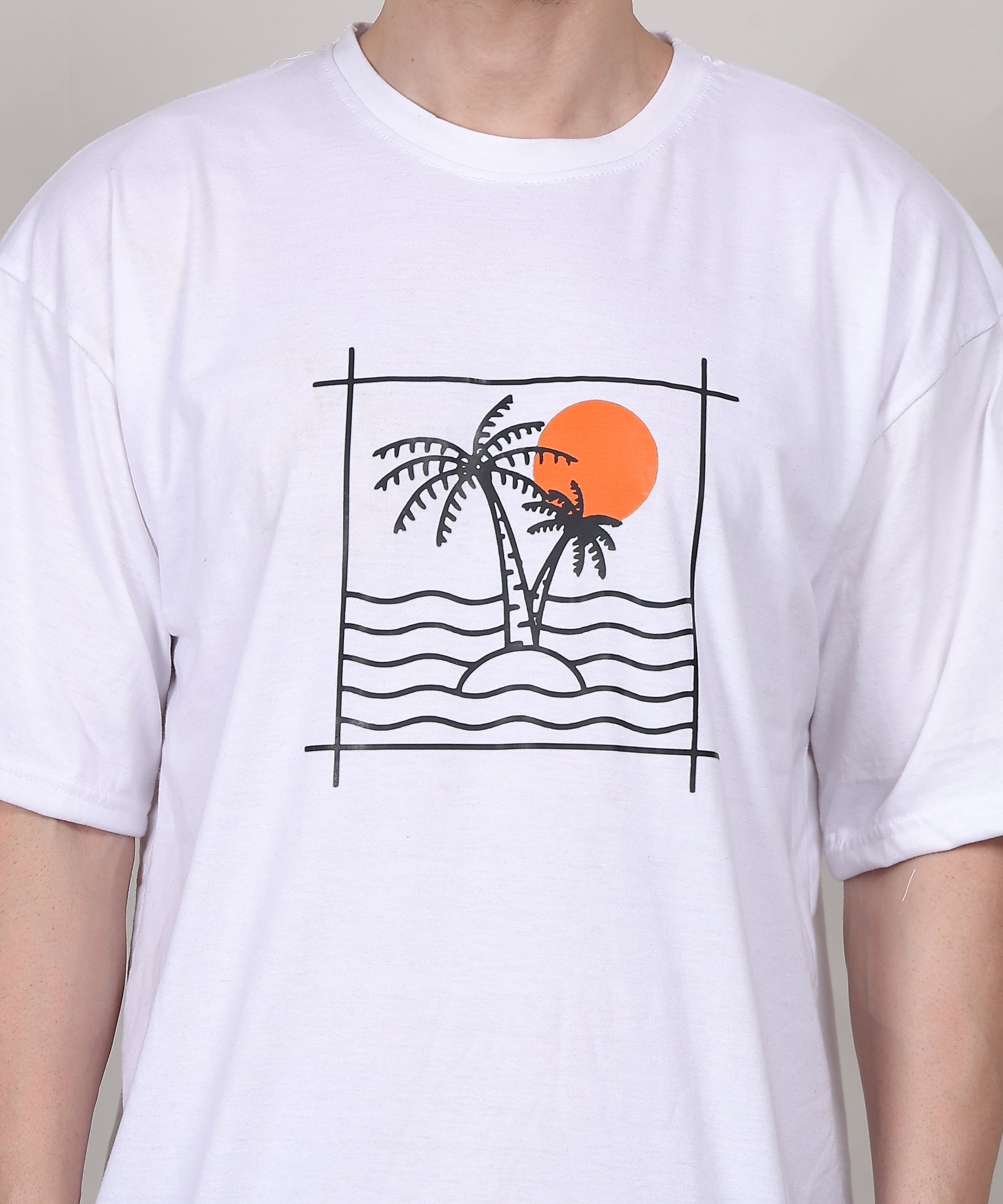 Relaxed Fit White Cotton Printed T-Shirt for Men – Bio-Wash, Oversized, Half Sleeve Tee