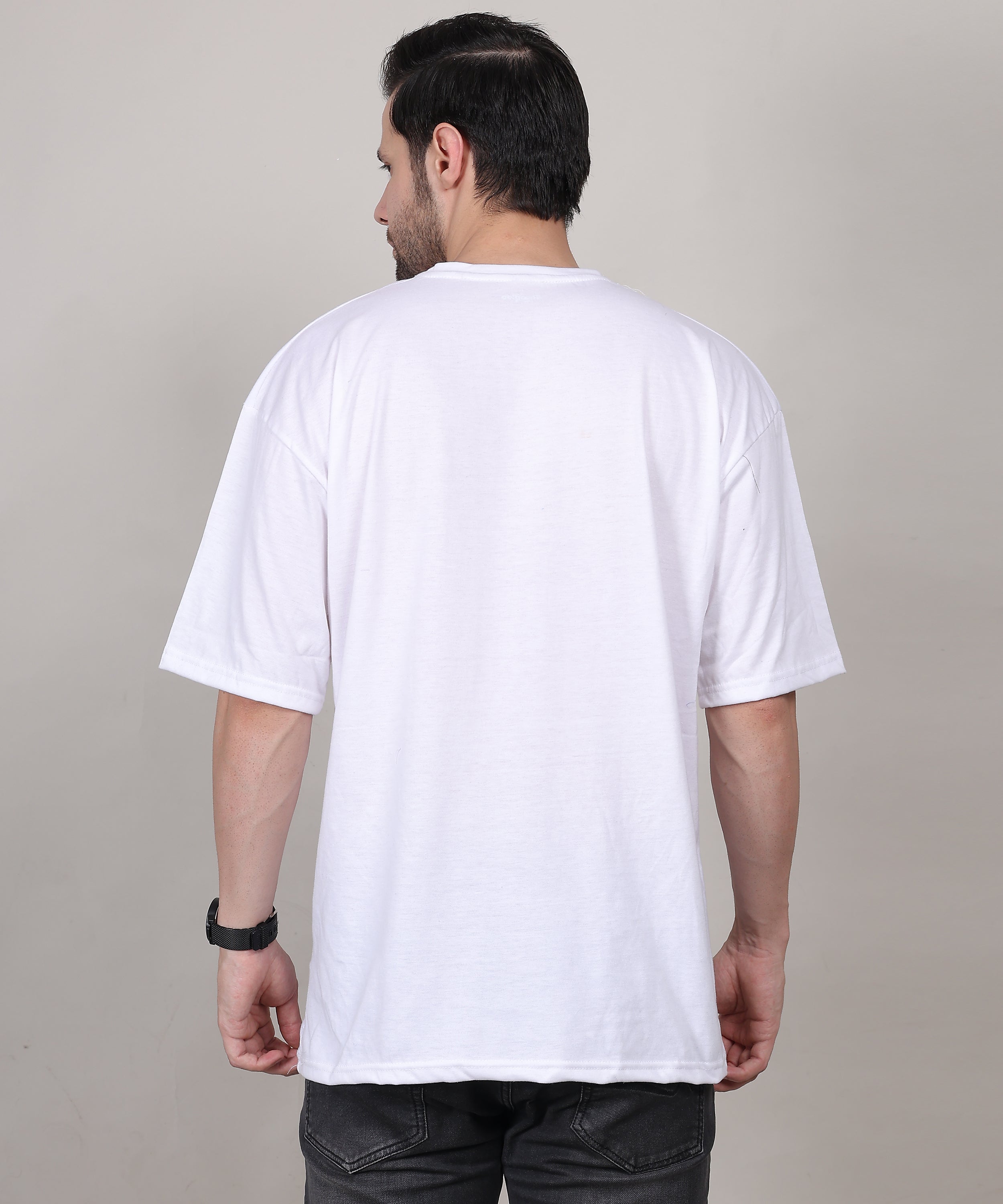 Relaxed Fit White Cotton Printed T-Shirt for Men – Bio-Wash, Oversized, Half Sleeve Tee