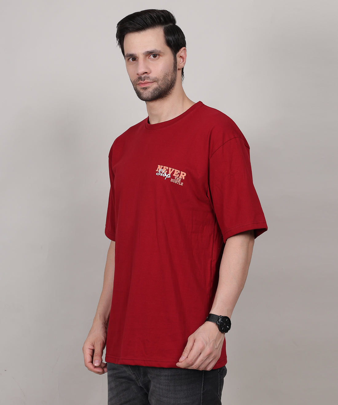 Maroon Oversized Cotton T-Shirt for Men – Bio-Wash, Half Sleeves, Unique Print Design