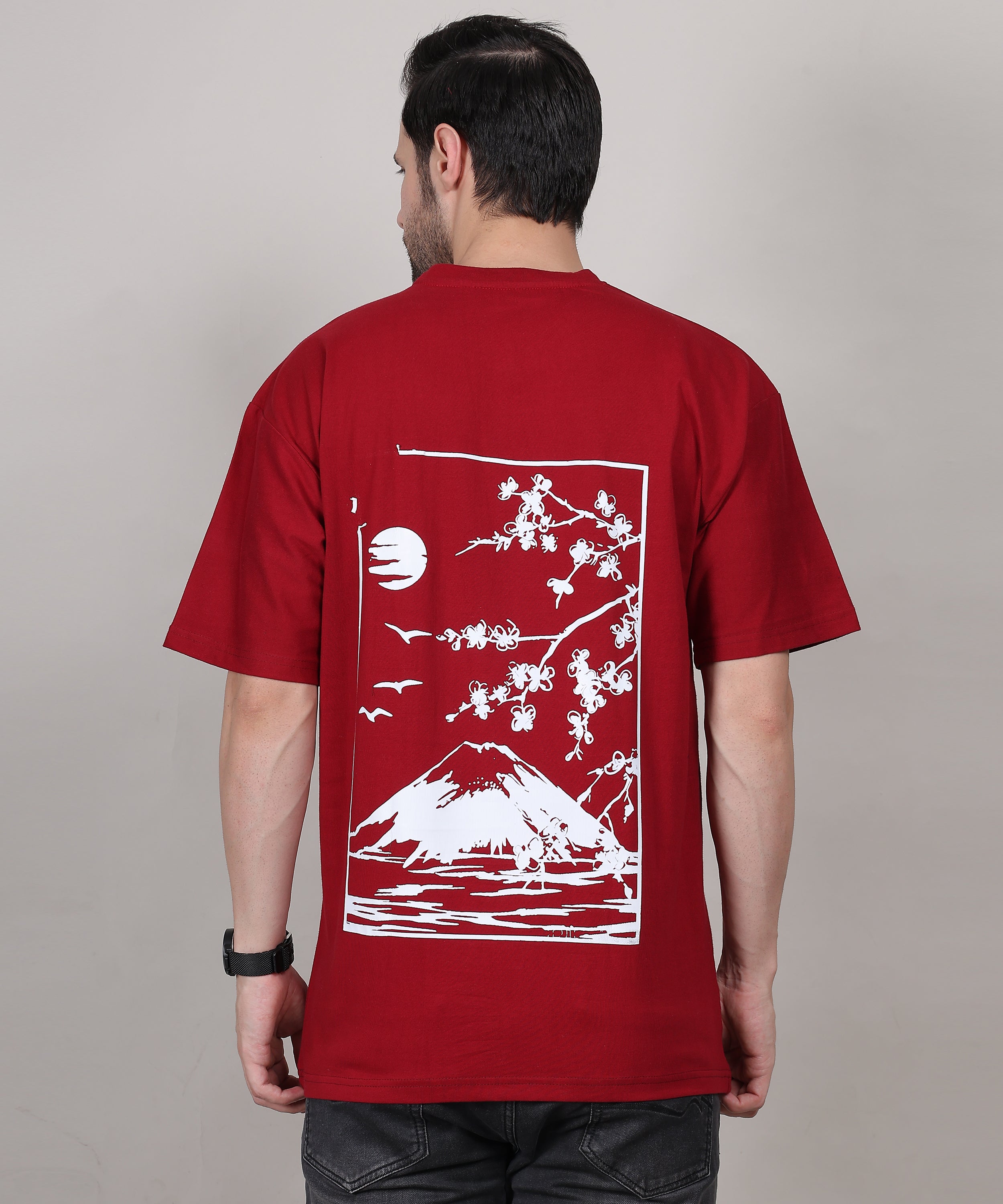 Fashionable Maroon Cotton Oversized Bio-Wash T-Shirt for Men – Trendy Back Print