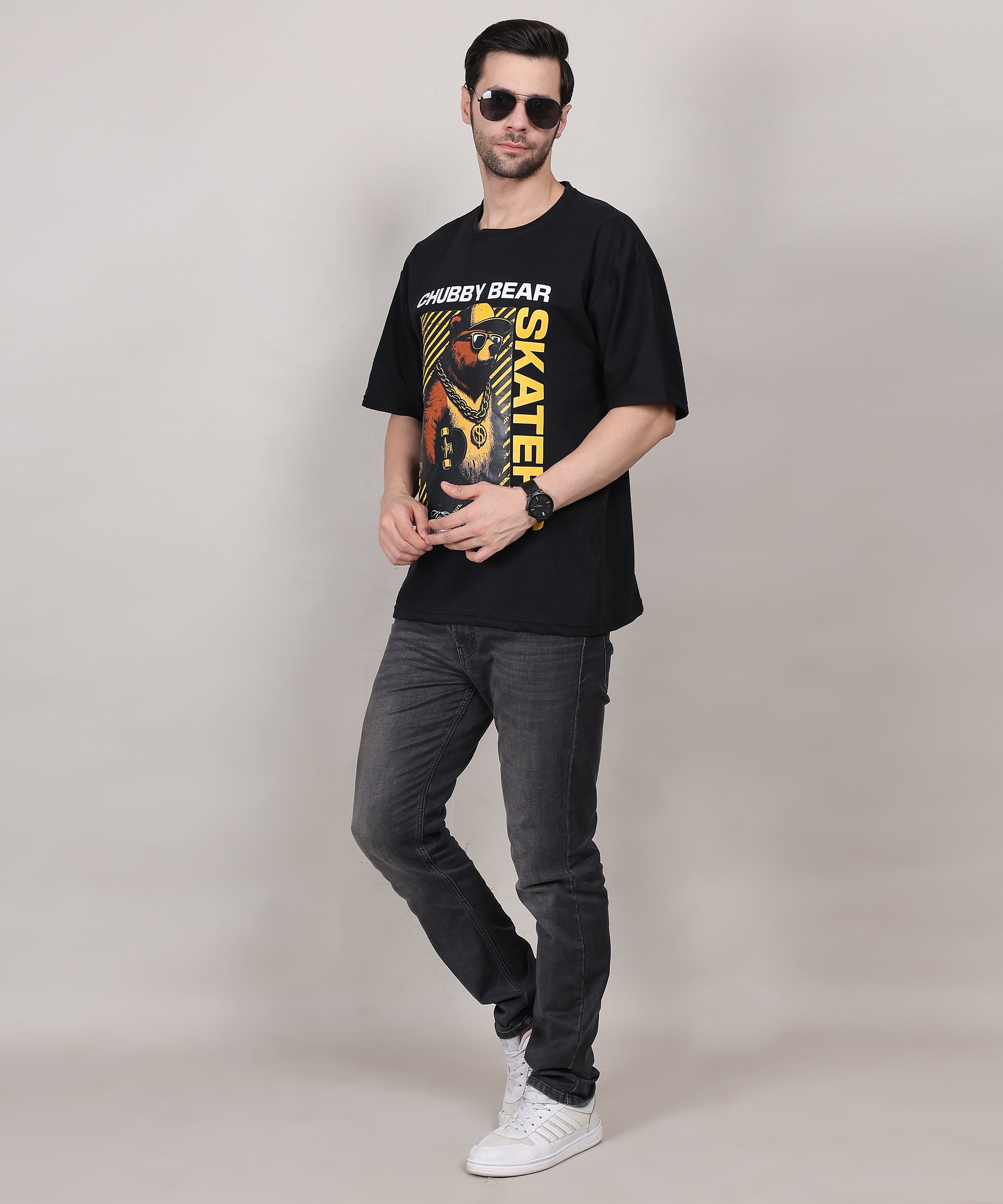 Black Cotton Half Sleeve Oversized Biowash Printed T Shirt