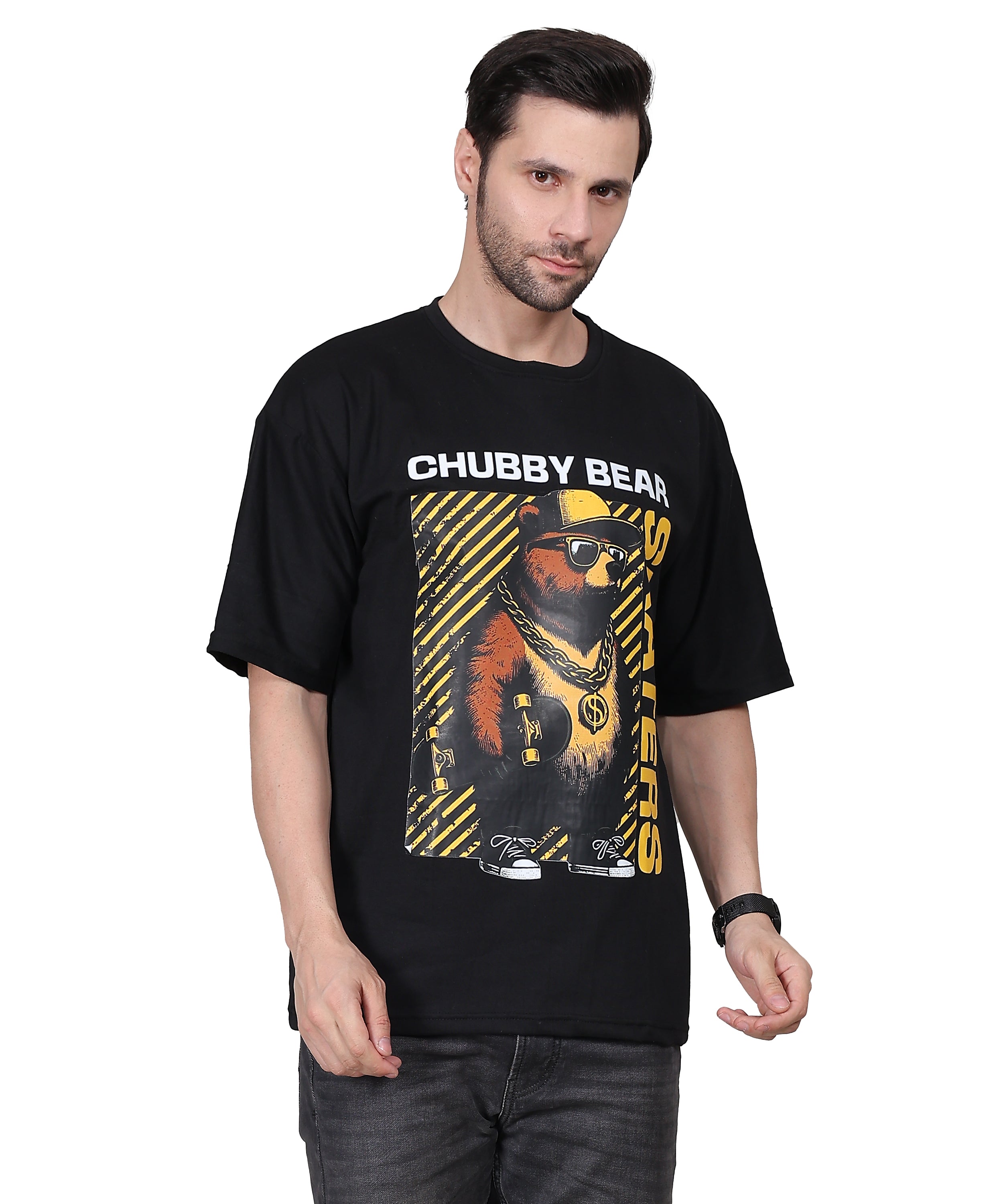 Black Cotton Half Sleeve Oversized Biowash Printed T Shirt