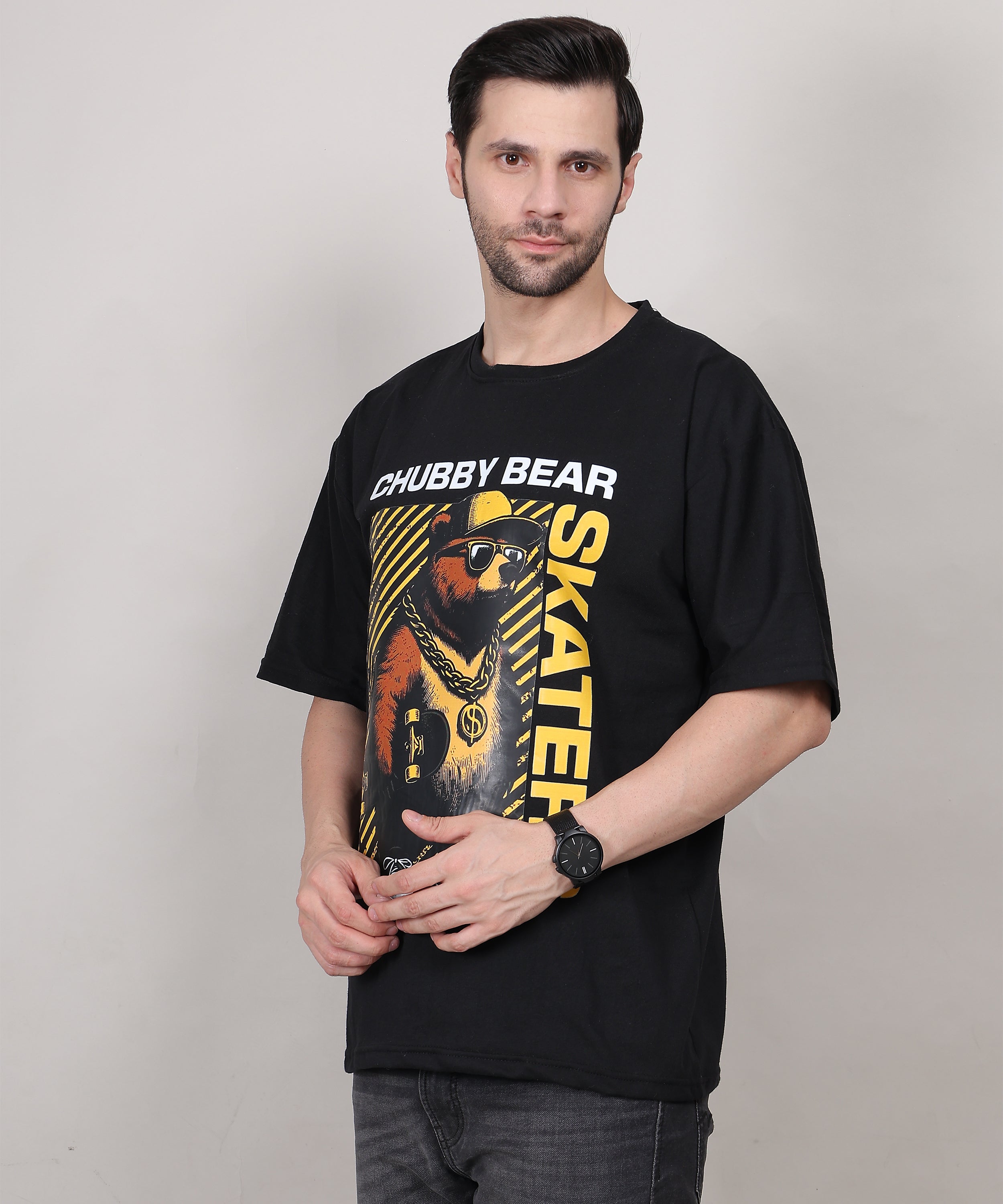 Black Cotton Half Sleeve Oversized Biowash Printed T Shirt