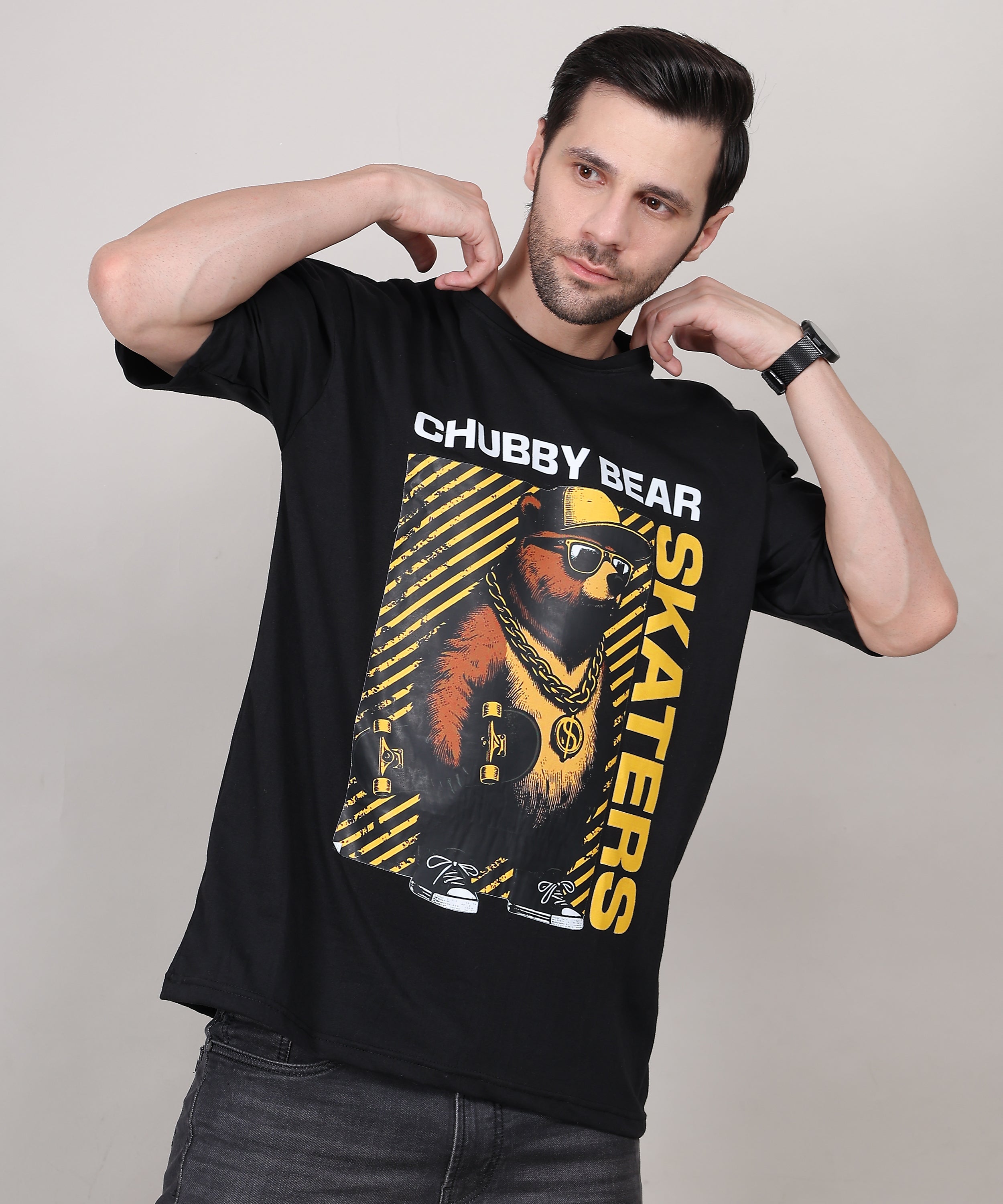 Black Cotton Half Sleeve Oversized Biowash Printed T Shirt