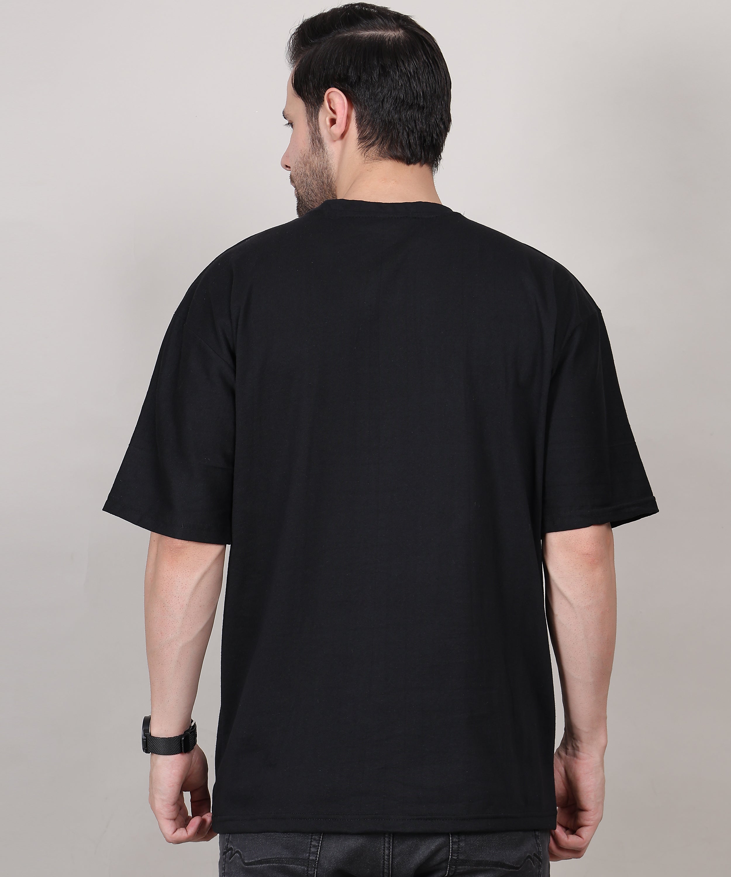 Black Cotton Half Sleeve Oversized Biowash Printed T Shirt