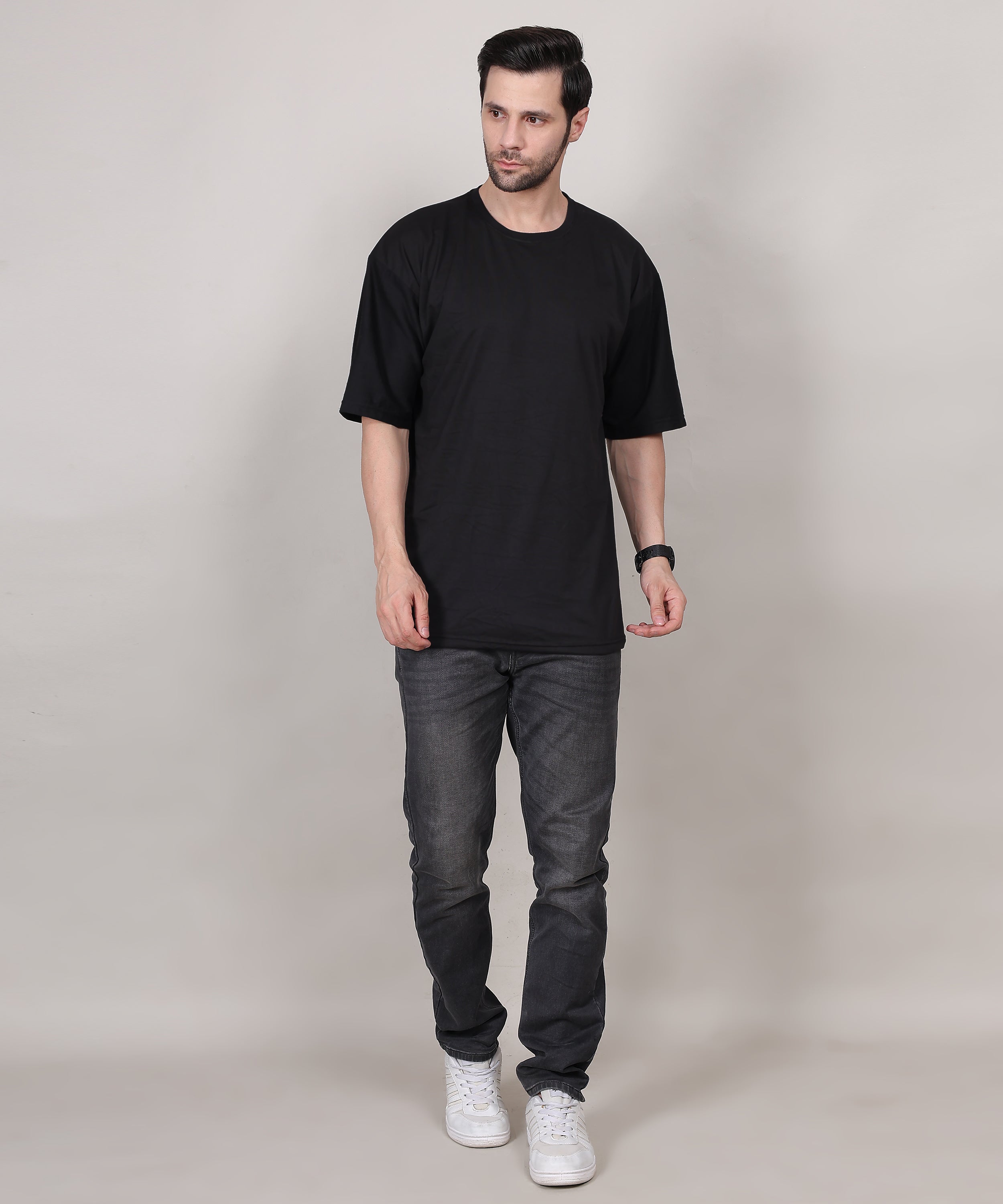 Black Cotton Half Sleeve Oversized Biowash Round Neck T-Shirt