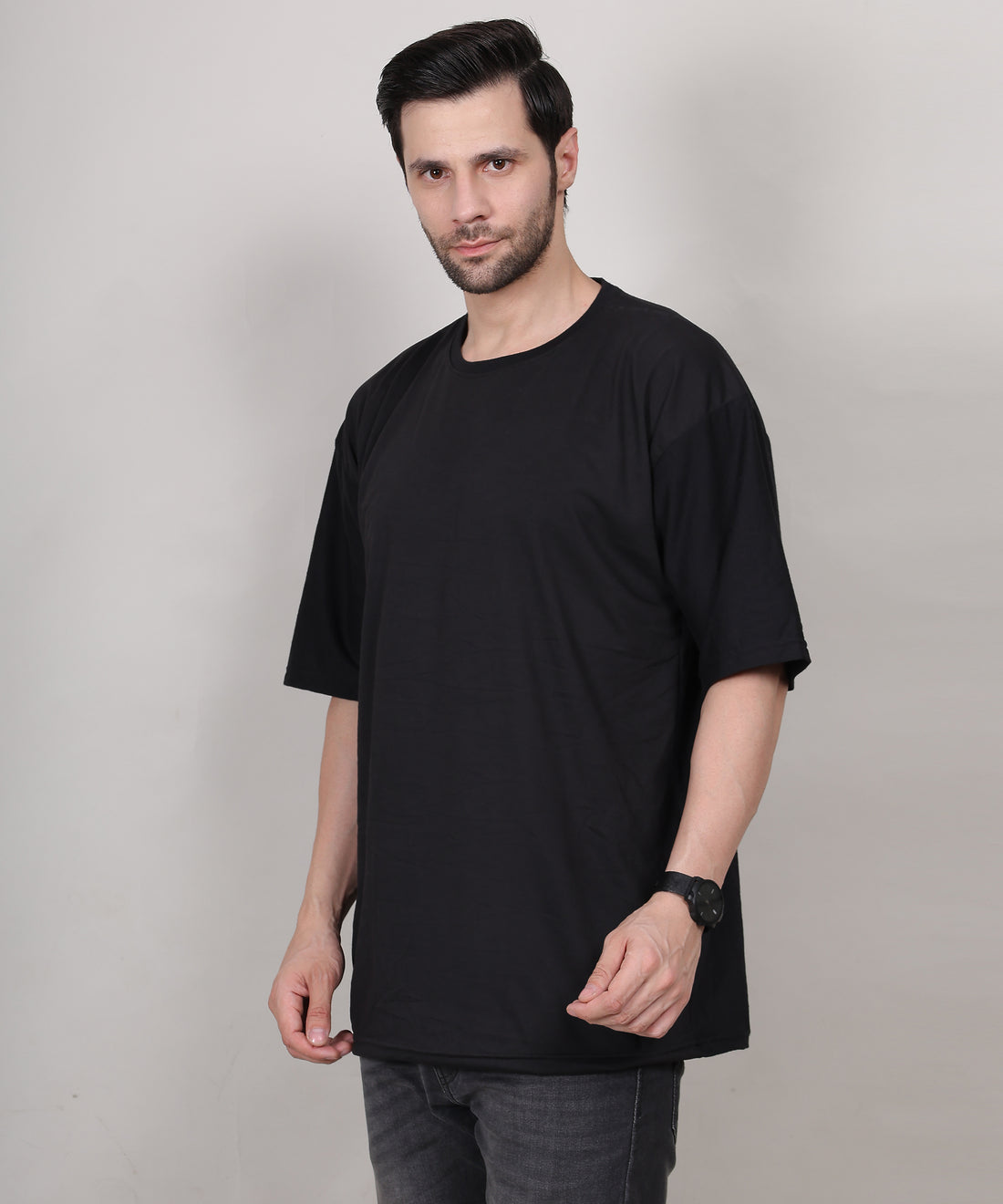 Black Cotton Half Sleeve Oversized Biowash Round Neck T-Shirt