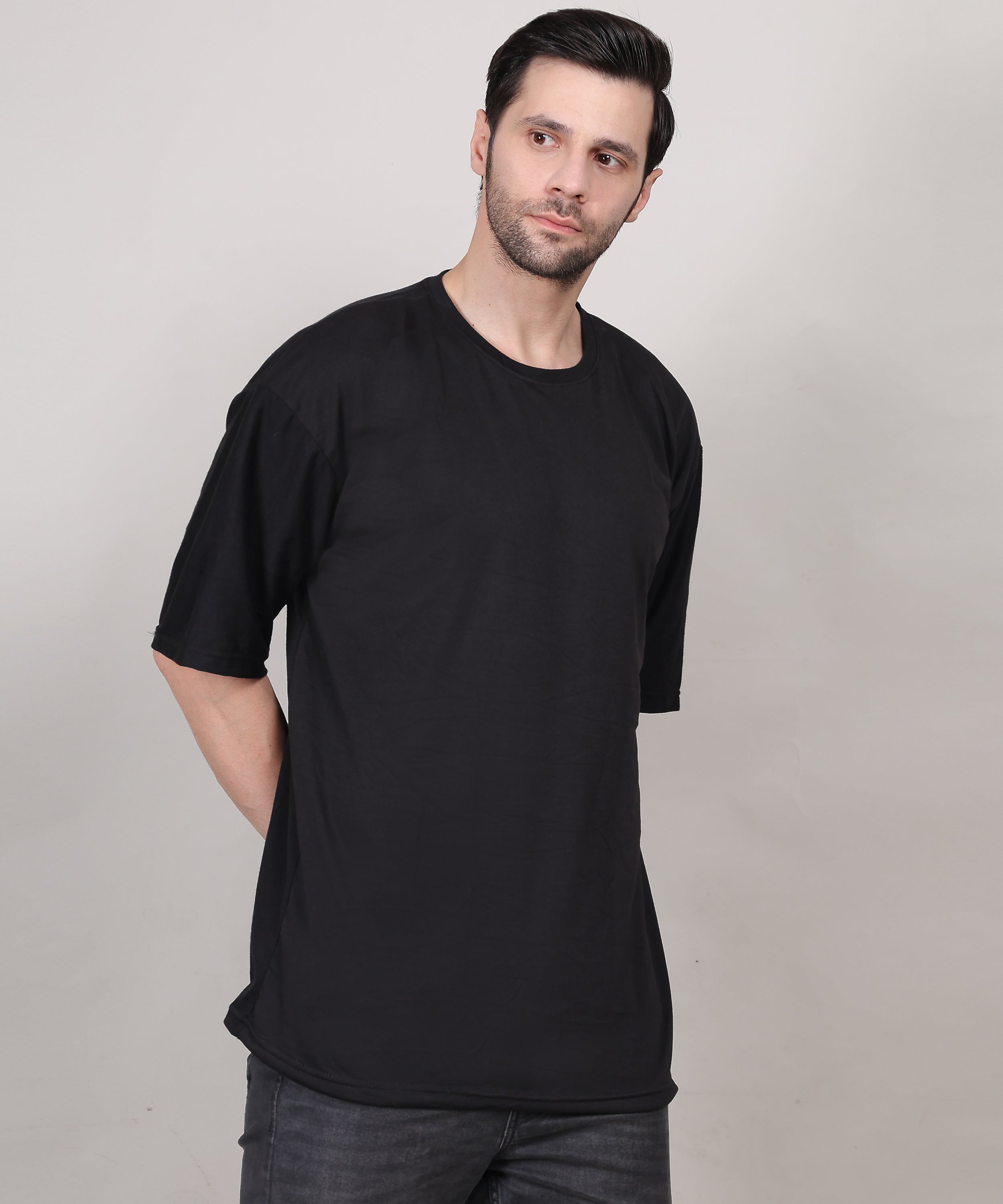 Black Cotton Half Sleeve Oversized Biowash Round Neck T-Shirt