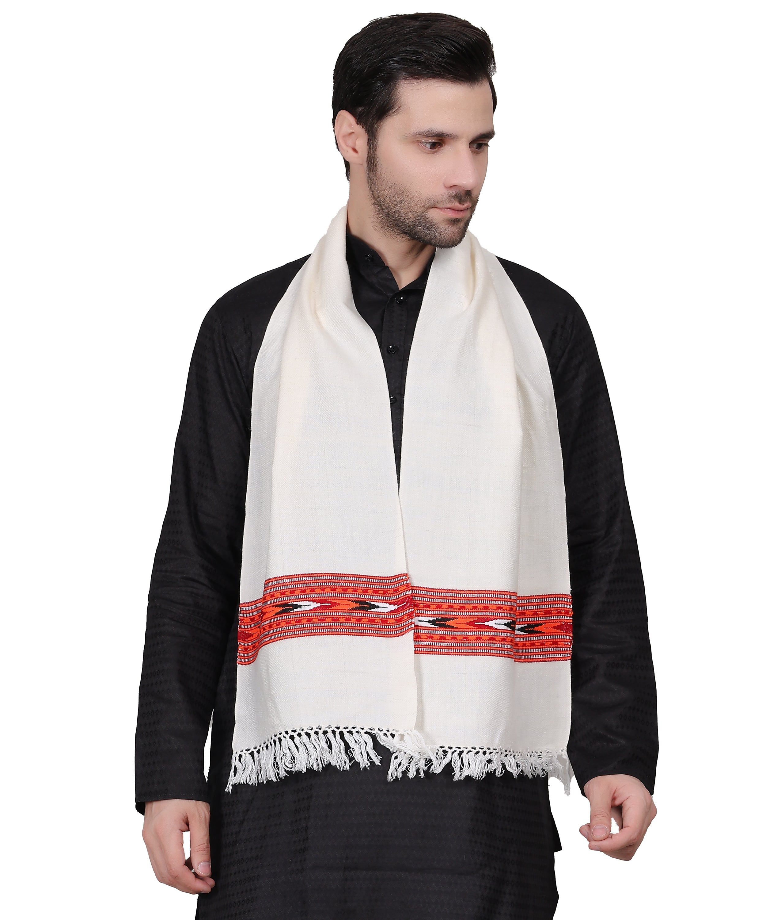 Authentic Handwoven Kullu Woollen White Muffler – Premium Embroidered Patti Design