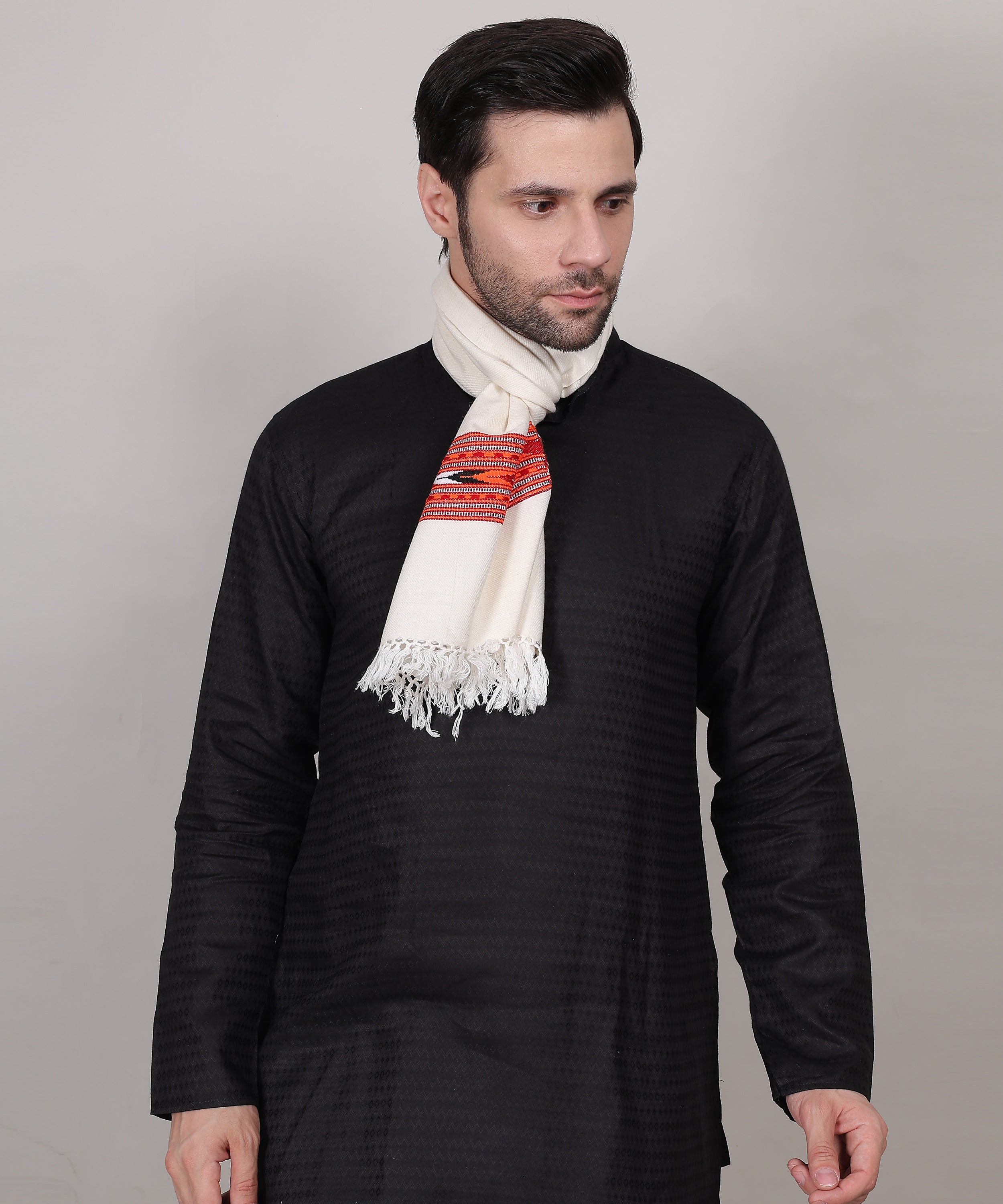 Authentic Handwoven Kullu Woollen White Muffler – Premium Embroidered Patti Design