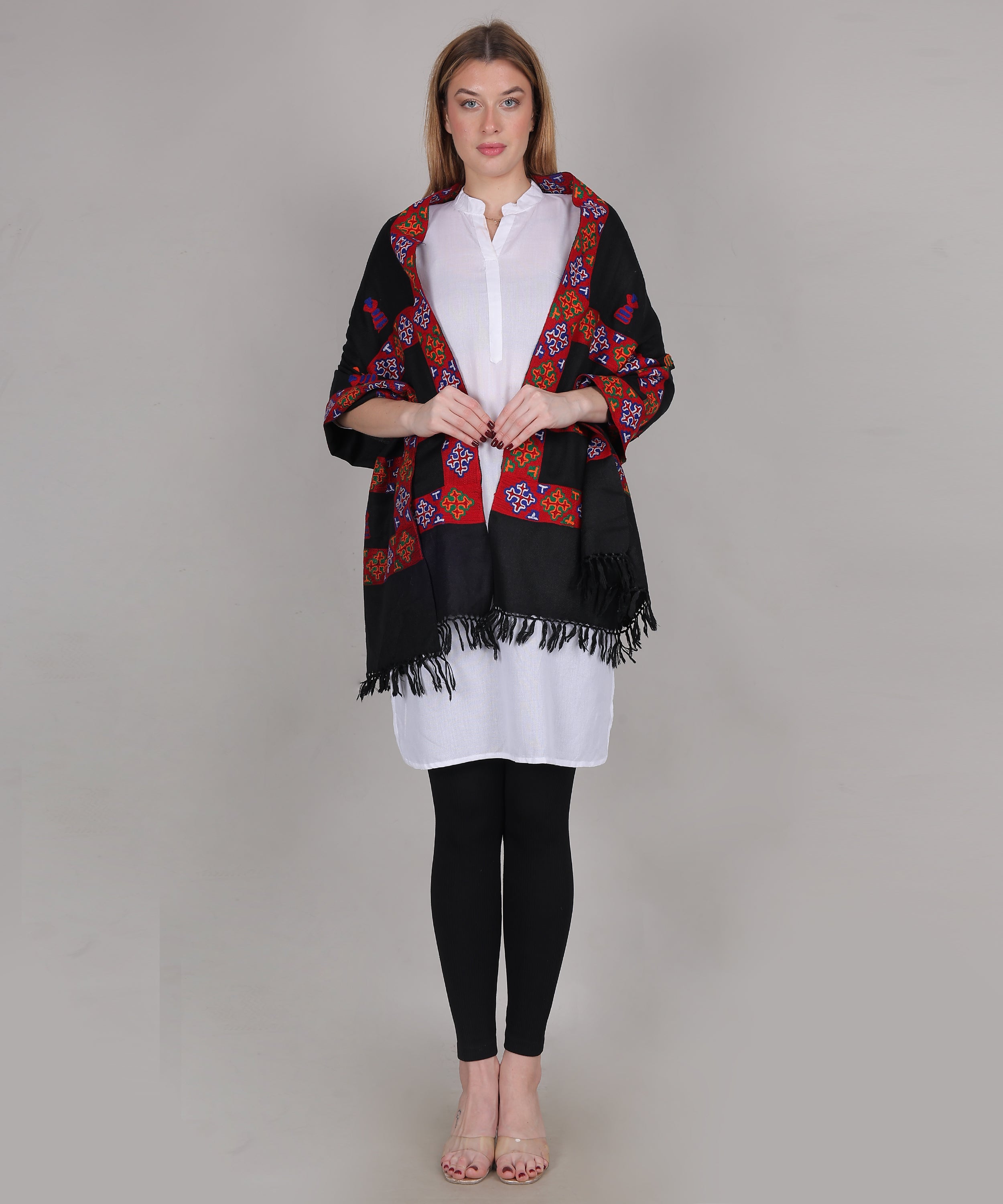 Traditional Kullu Handloom Embroidered 3 patti Woollen Black Stole – Premium Soft with Kullu Weaving Design