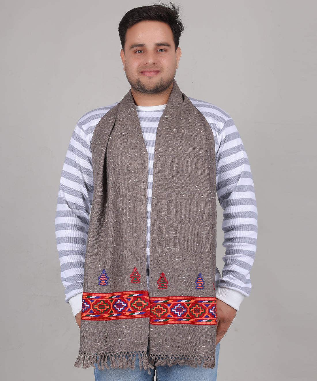 Kullu Handwoven Woollen Kinnauri Grey Muffler – Luxurious Pure Wool with Premium Embroidered Patti