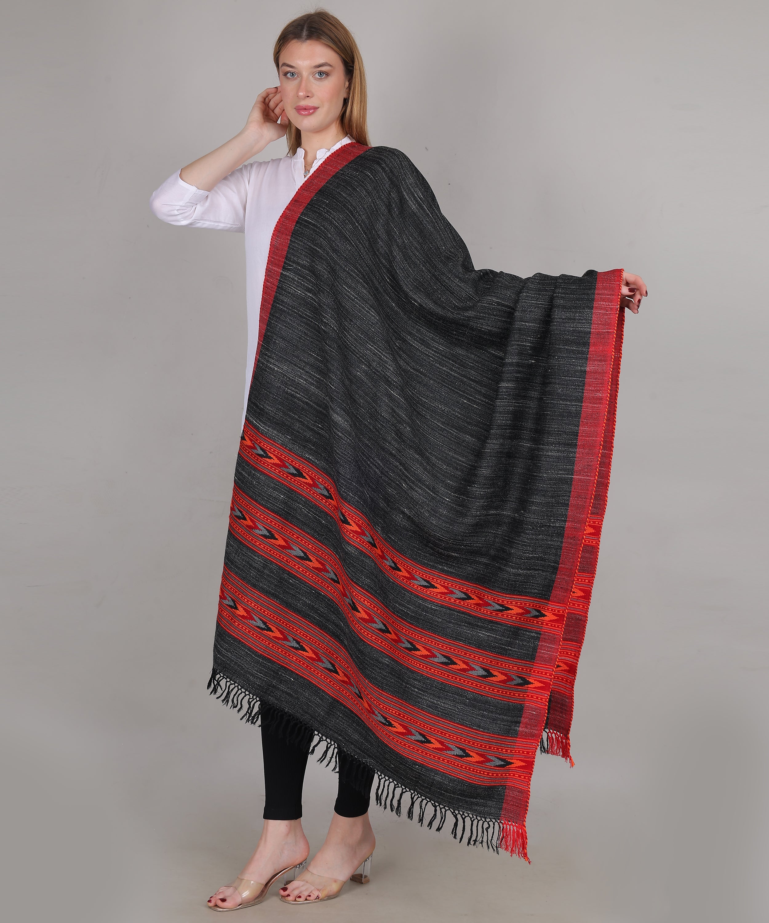 Luxury Kullu Handloom Black – Embroidered 3 Patti Pure Yak Wool Shawl