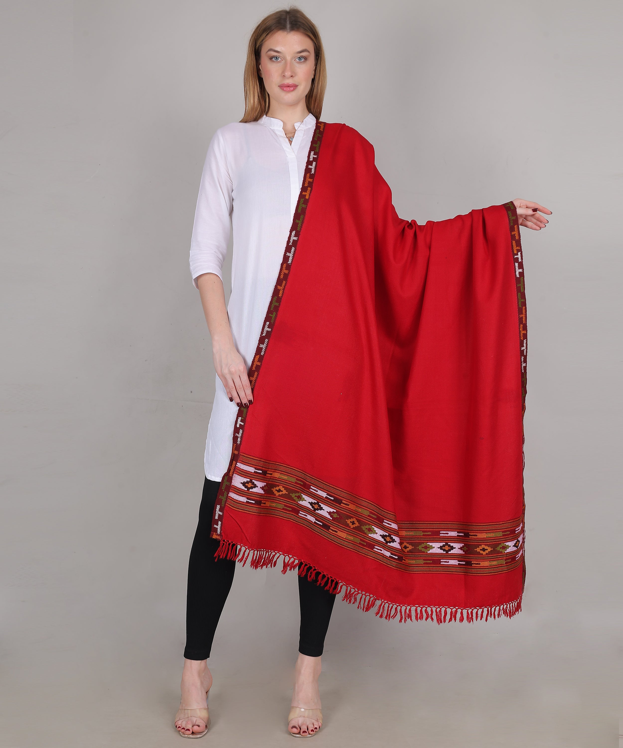 Women’s Traditional Kullu Design Red Katu Chesam– Pure Woollen Handloom Shawl