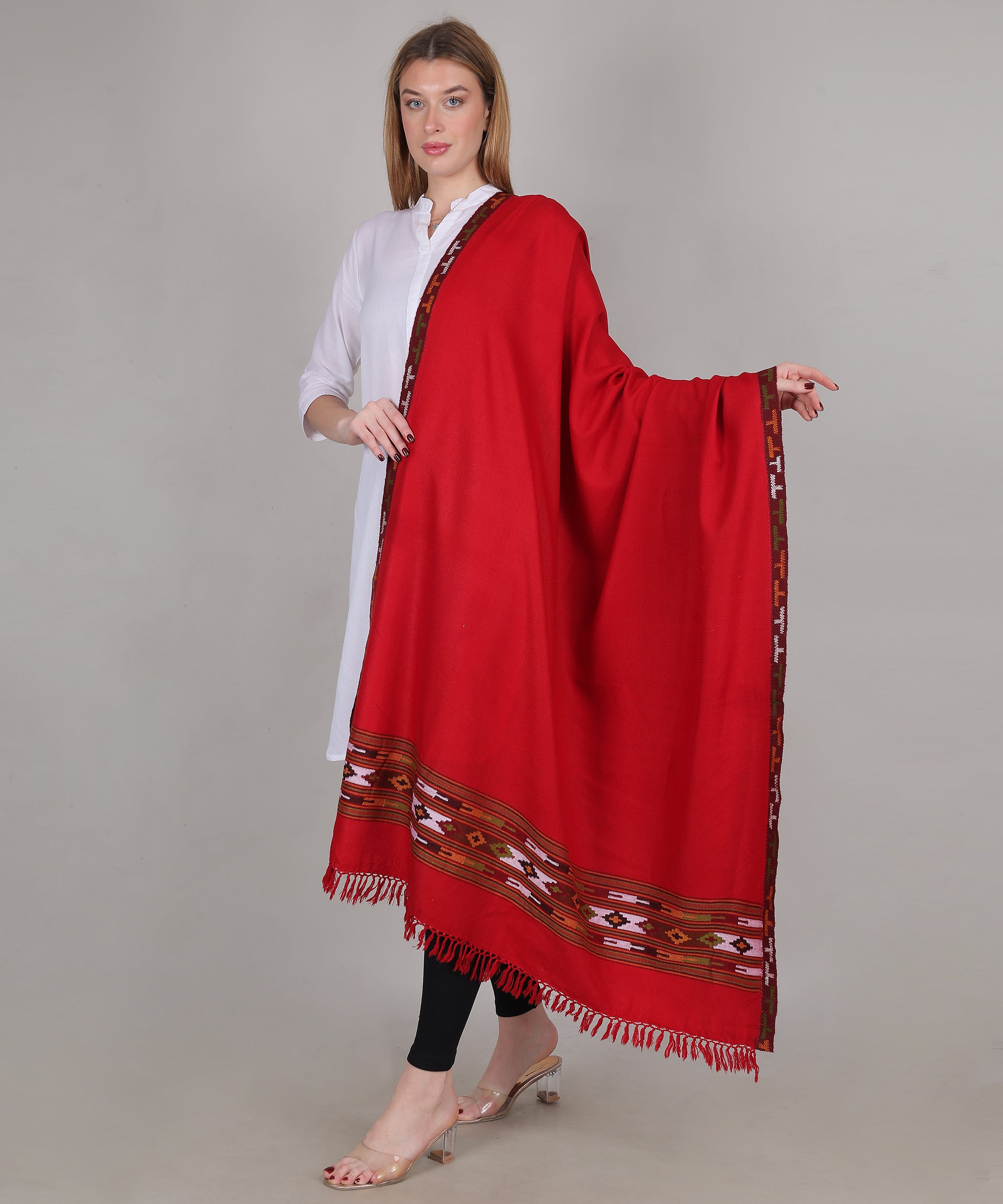 Women’s Traditional Kullu Design Red Katu Chesam– Pure Woollen Handloom Shawl