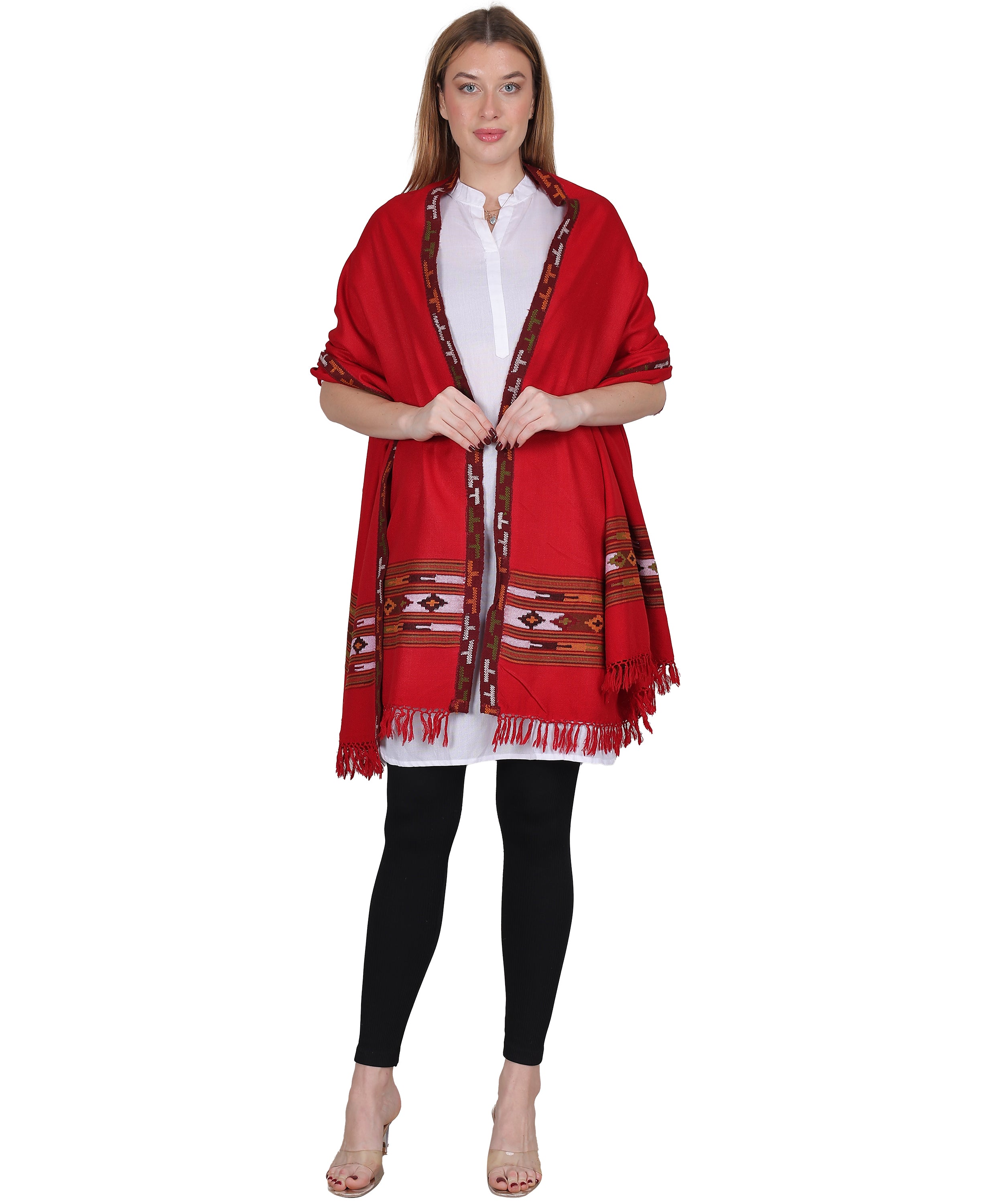 Women’s Traditional Kullu Design Red Katu Chesam– Pure Woollen Handloom Shawl