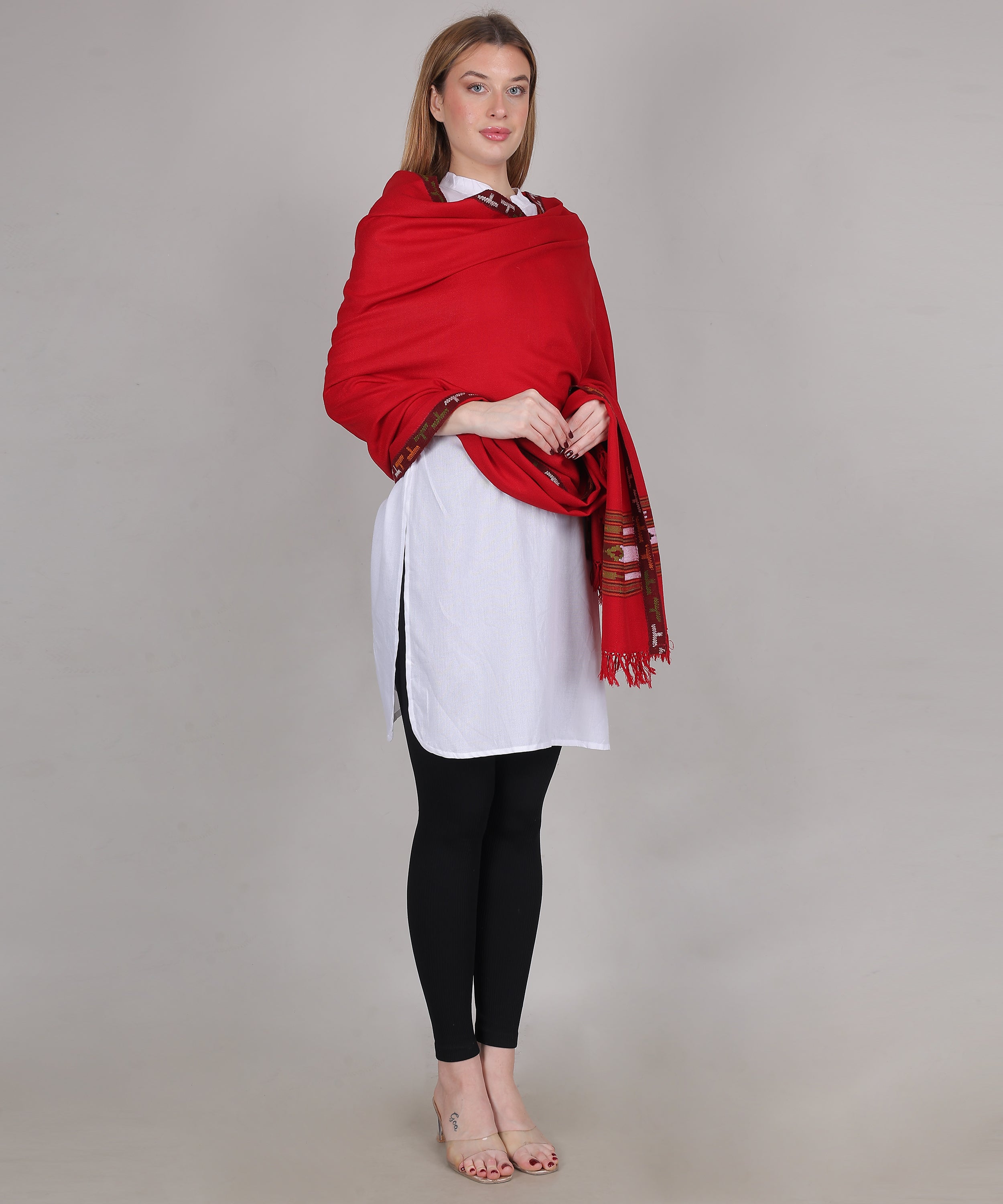 Women’s Traditional Kullu Design Red Katu Chesam– Pure Woollen Handloom Shawl
