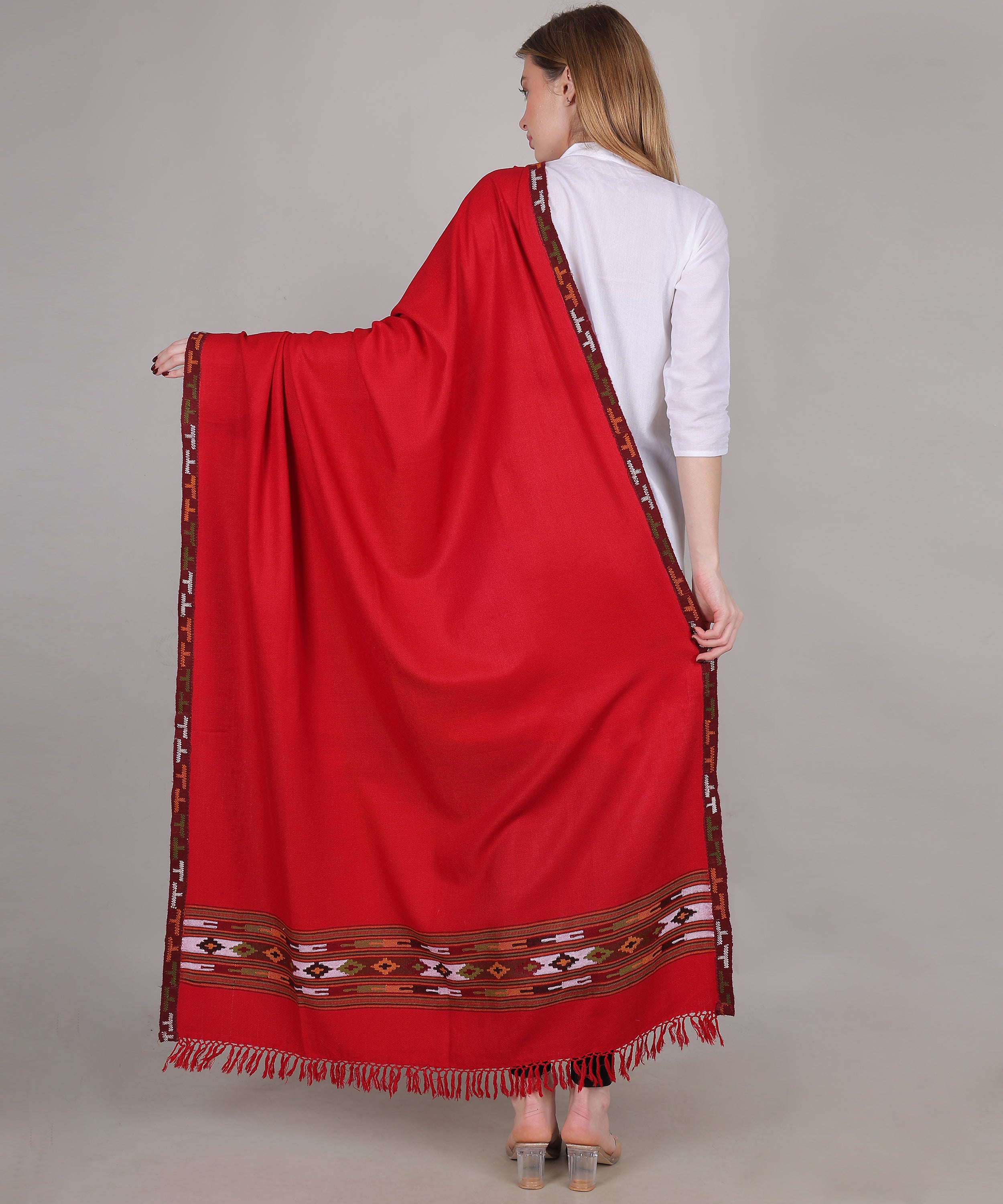 Women’s Traditional Kullu Design Red Katu Chesam– Pure Woollen Handloom Shawl