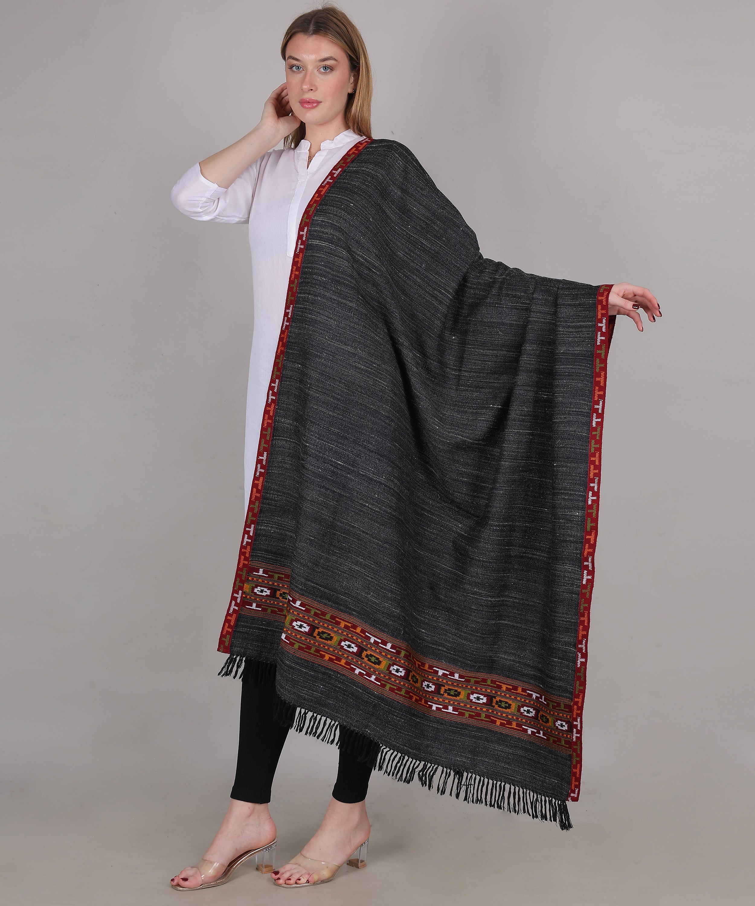 Authentic Traditional Yak Wool Black Shawl – Handwoven Kullu Design