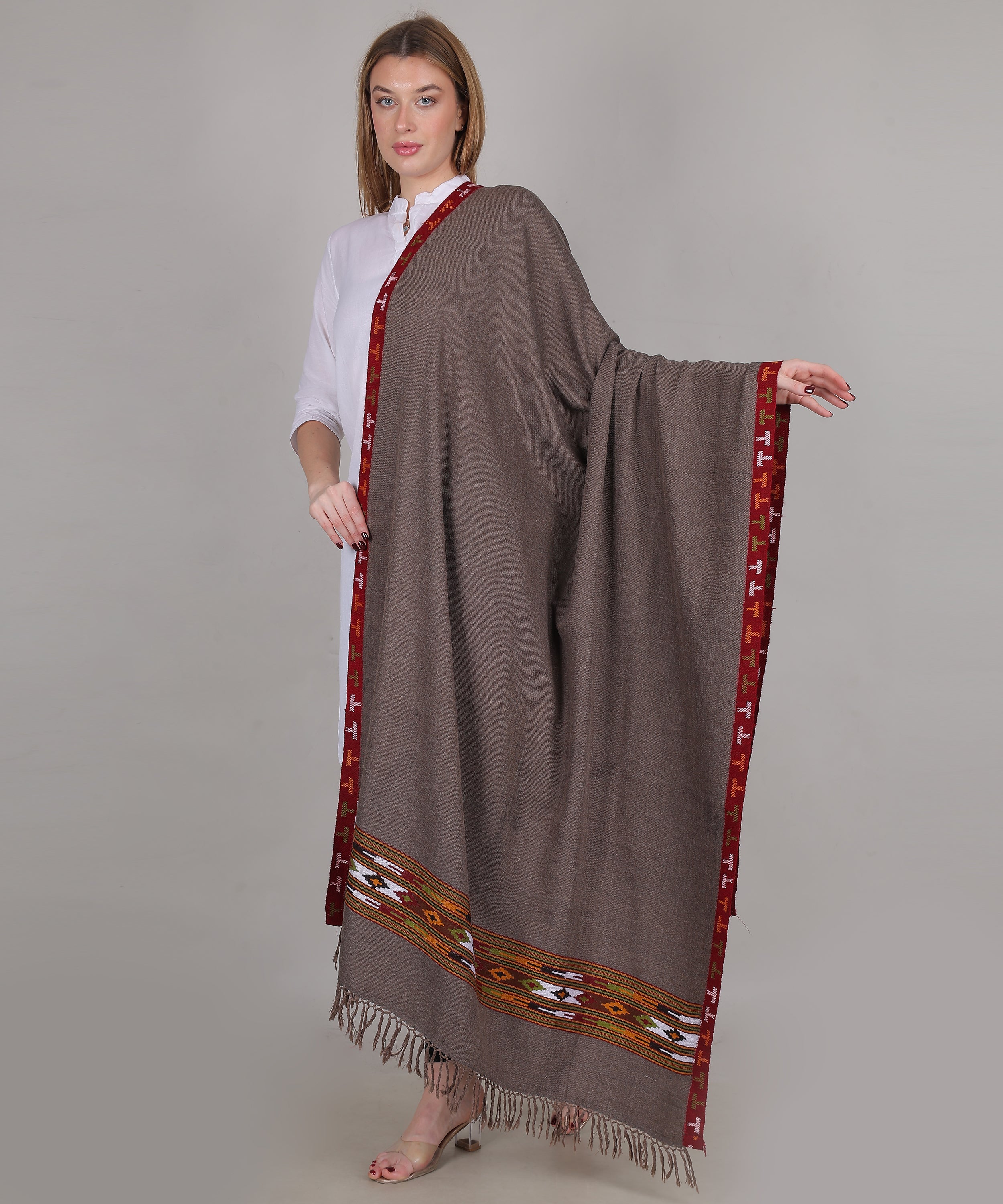 Women’s Traditional Kullu Design Brown Katu Chesam– Pure Woollen Handloom Shawl