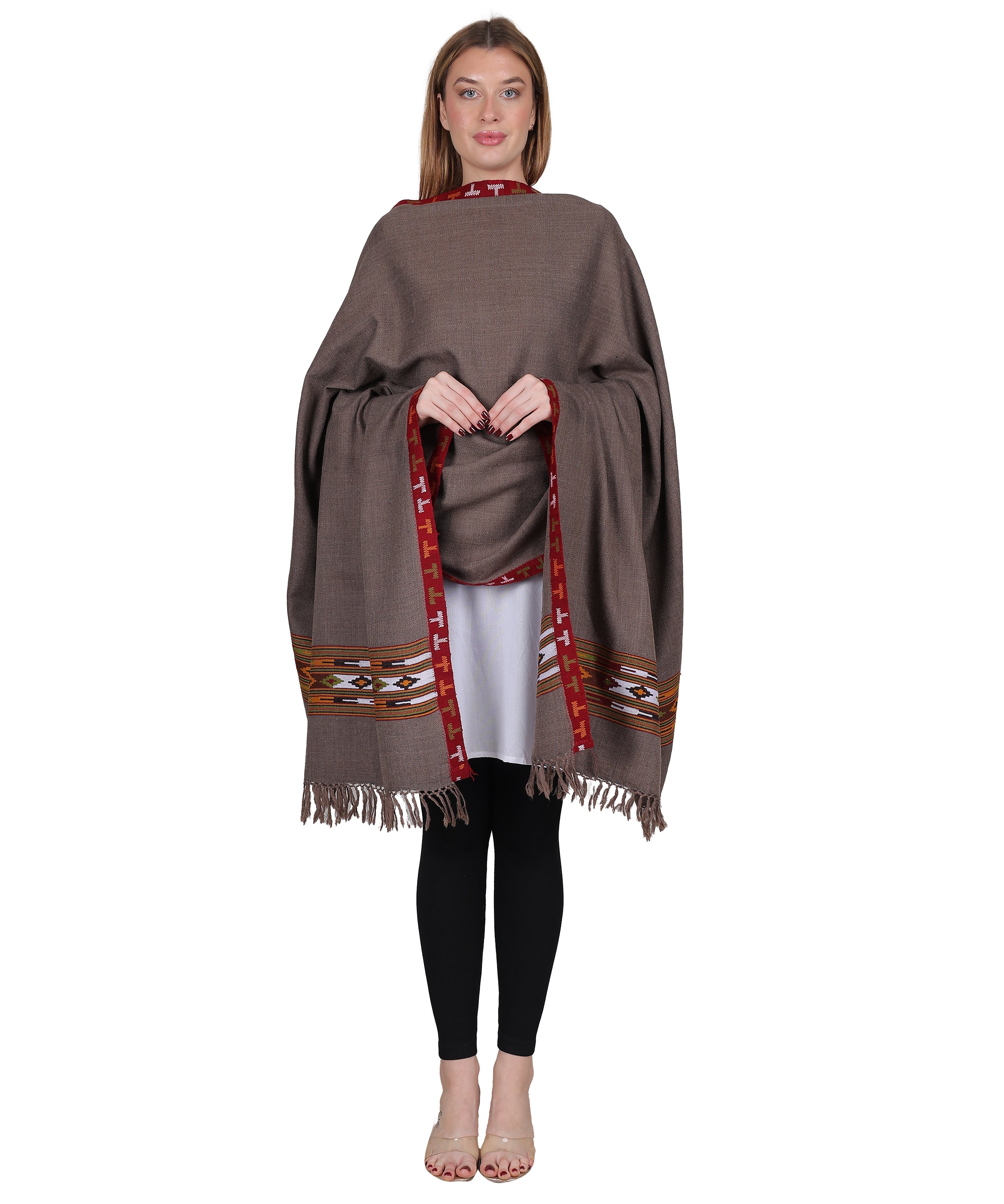 Women’s Traditional Kullu Design Brown Katu Chesam– Pure Woollen Handloom Shawl
