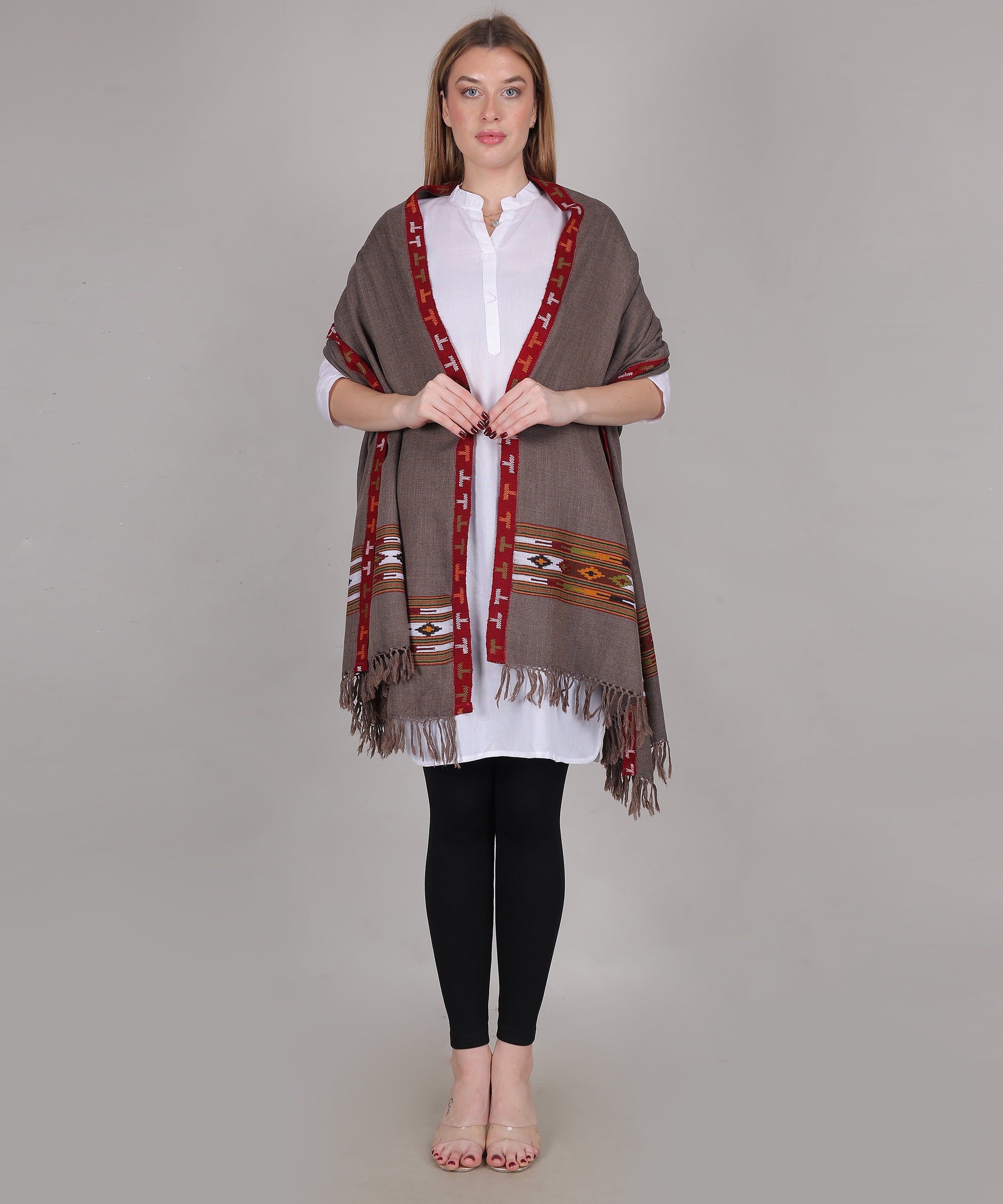 Women’s Traditional Kullu Design Brown Katu Chesam– Pure Woollen Handloom Shawl