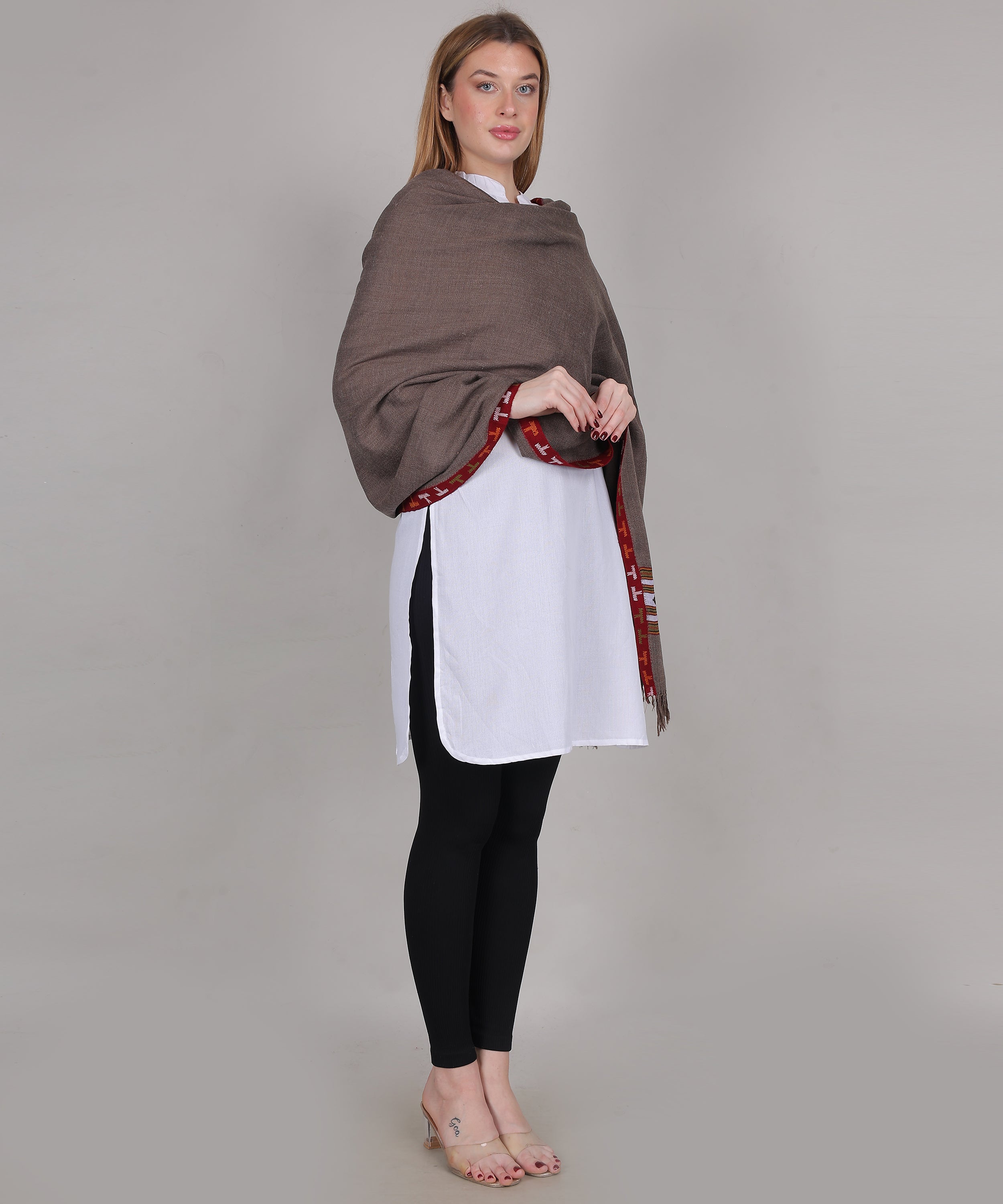 Women’s Traditional Kullu Design Brown Katu Chesam– Pure Woollen Handloom Shawl