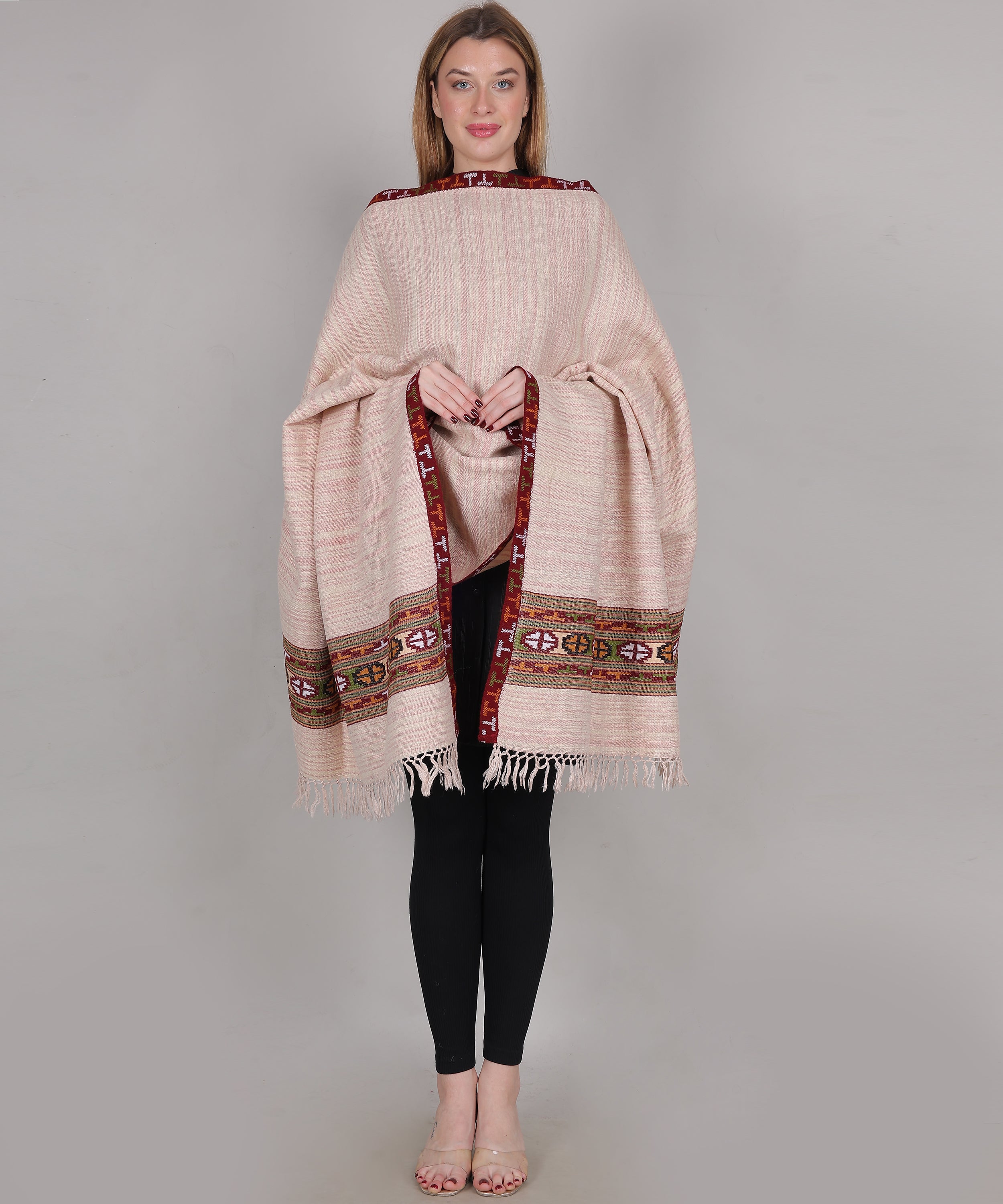 Authentic Traditional Yak Wool Peach Pink Shawl – Handwoven Kullu Design