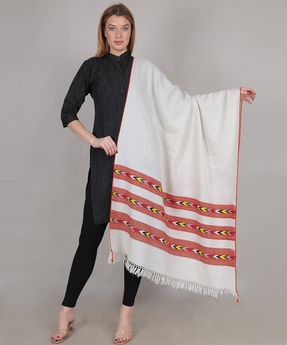 Pure Woollen Hand Woven Design with Beautiful Triple Border Kullu Angora Off White Shawl