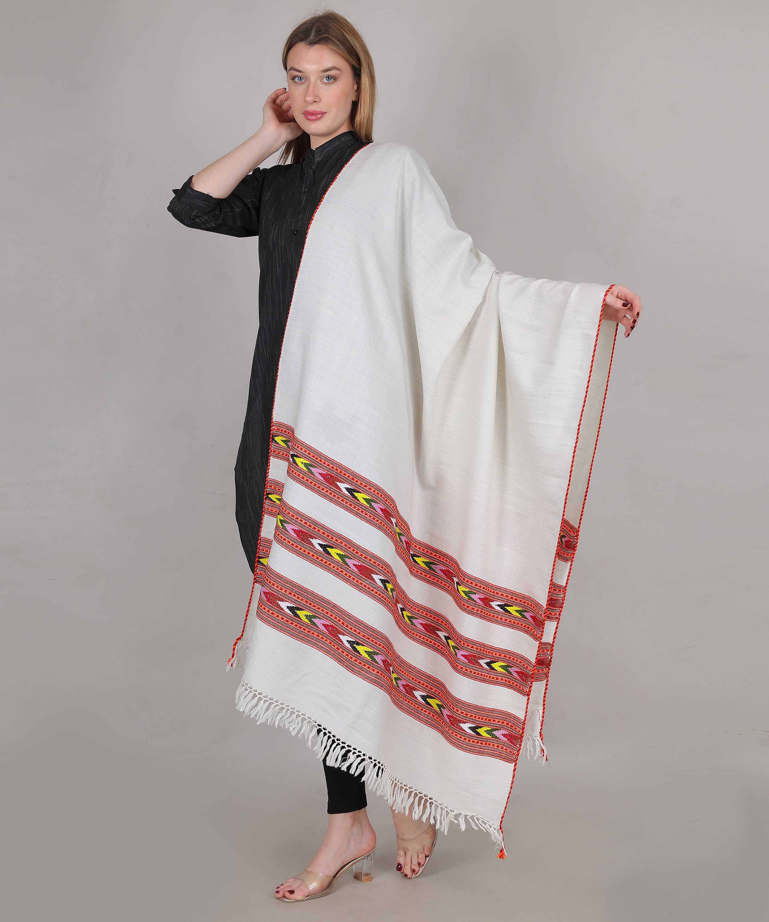 Pure Woollen Hand Woven Design with Beautiful Triple Border Kullu Angora Off White Shawl