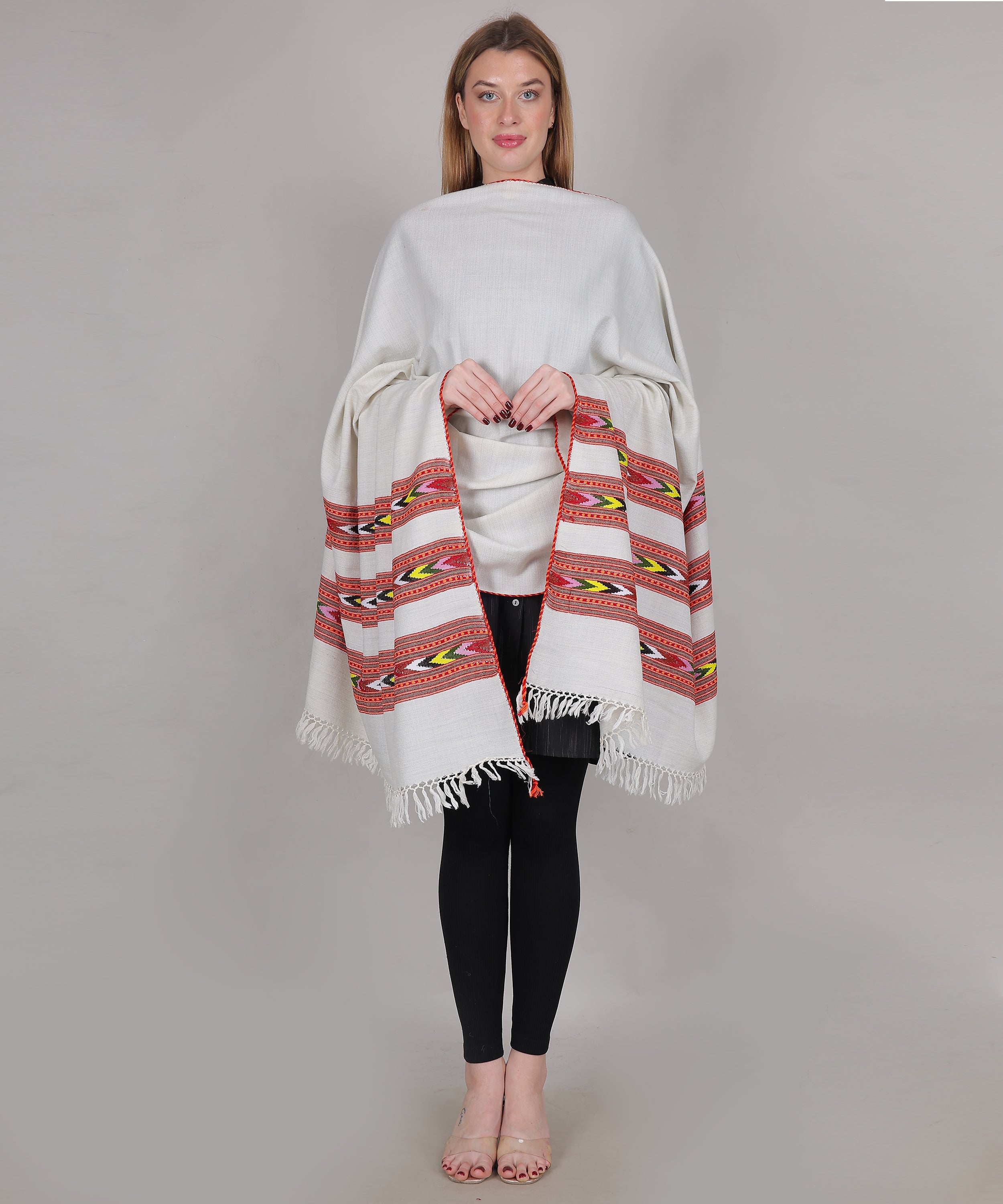 Pure Woollen Hand Woven Design with Beautiful Triple Border Kullu Angora Off White Shawl