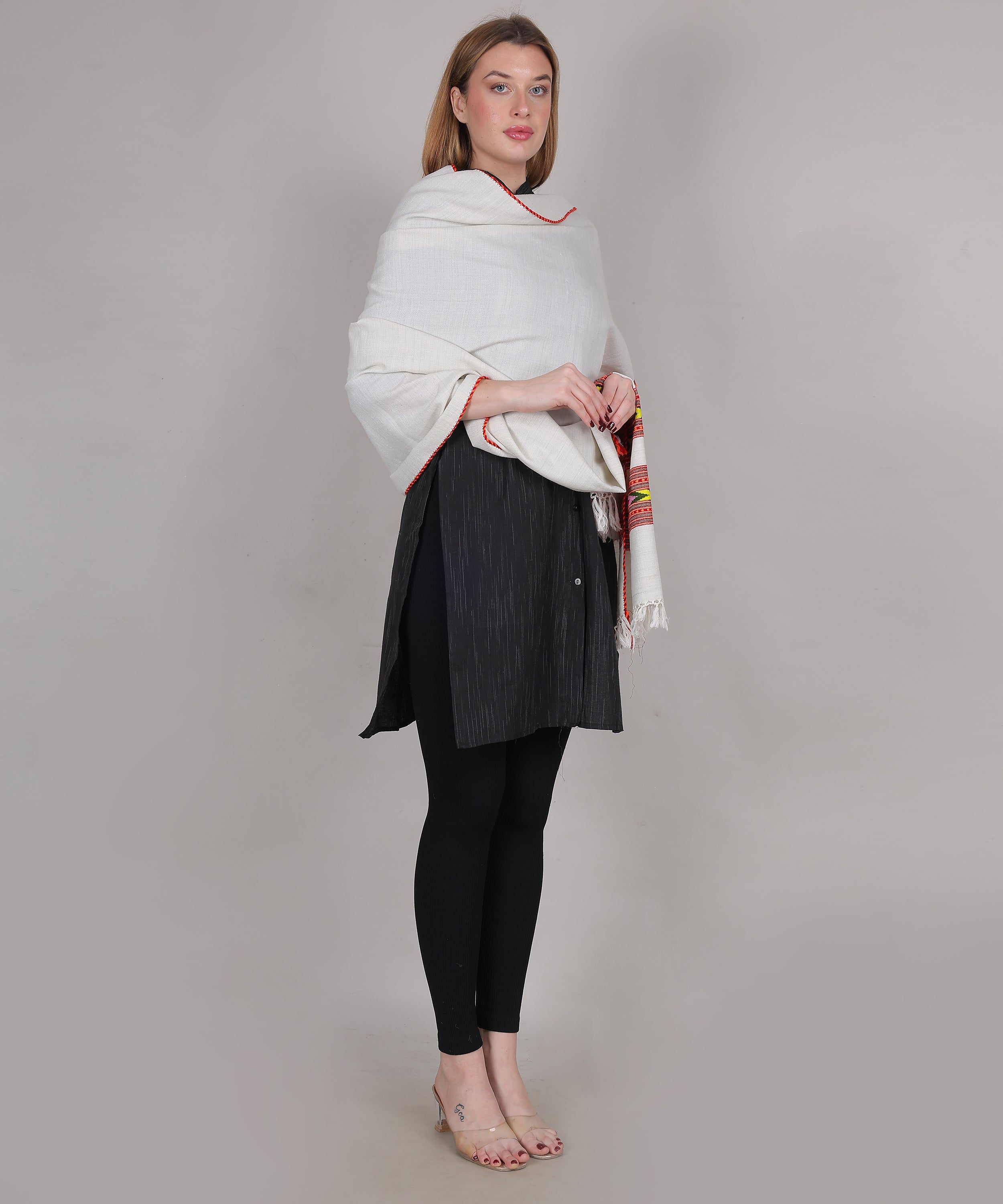 Pure Woollen Hand Woven Design with Beautiful Triple Border Kullu Angora Off White Shawl