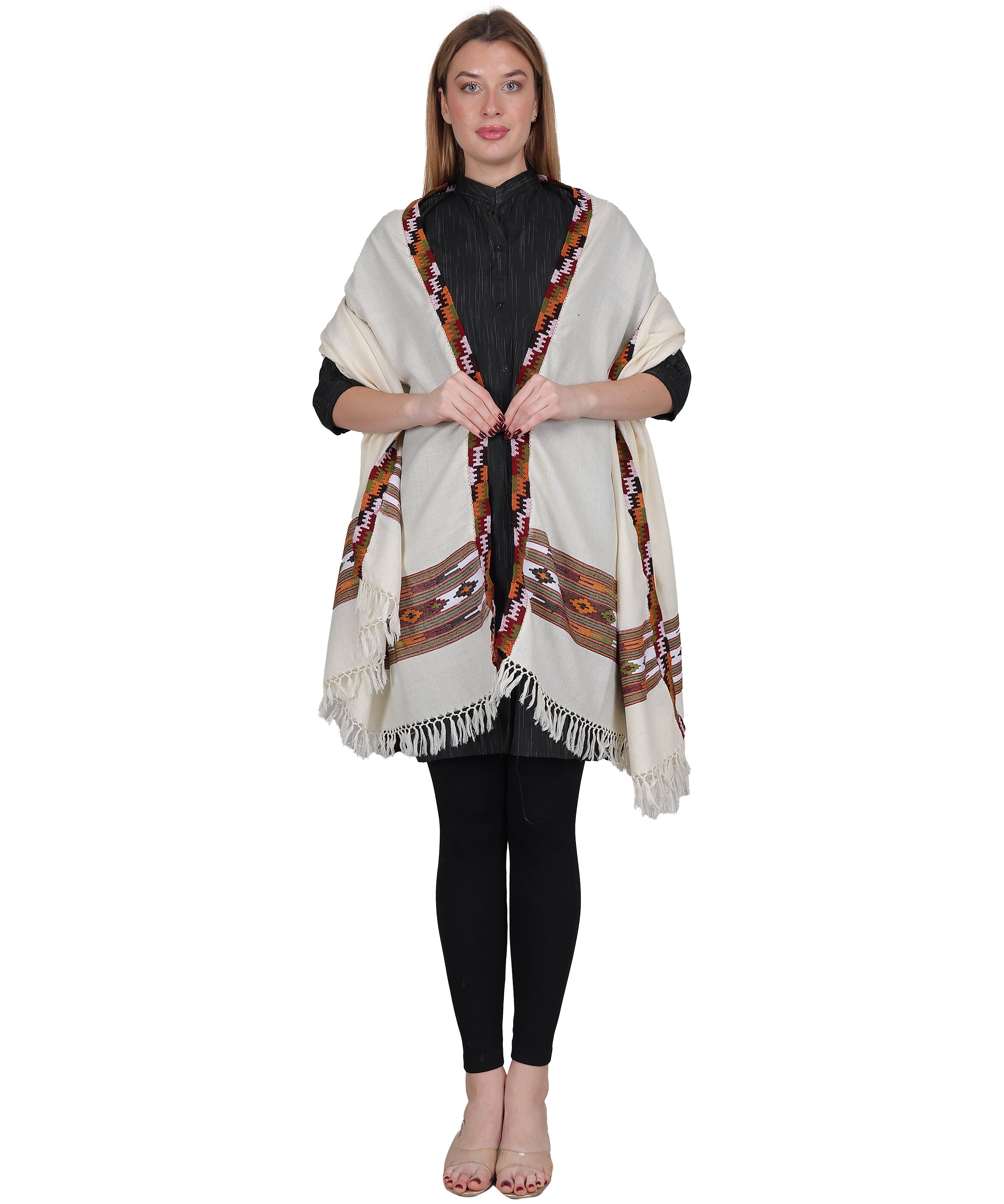Women’s Traditional Kullu Design Off-White Katu Chesam– Pure Woollen Handloom Shawl