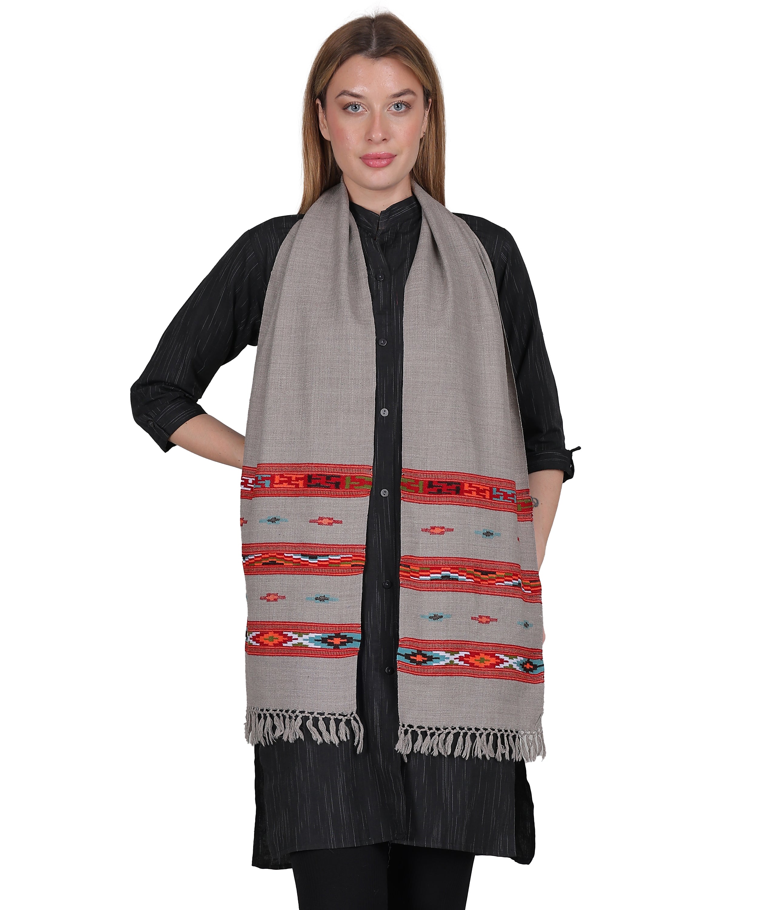 Elegant Kullu Handwoven Woollen Light Grey Muffler – Pure Wool with Rich Embroidered 3 Patti