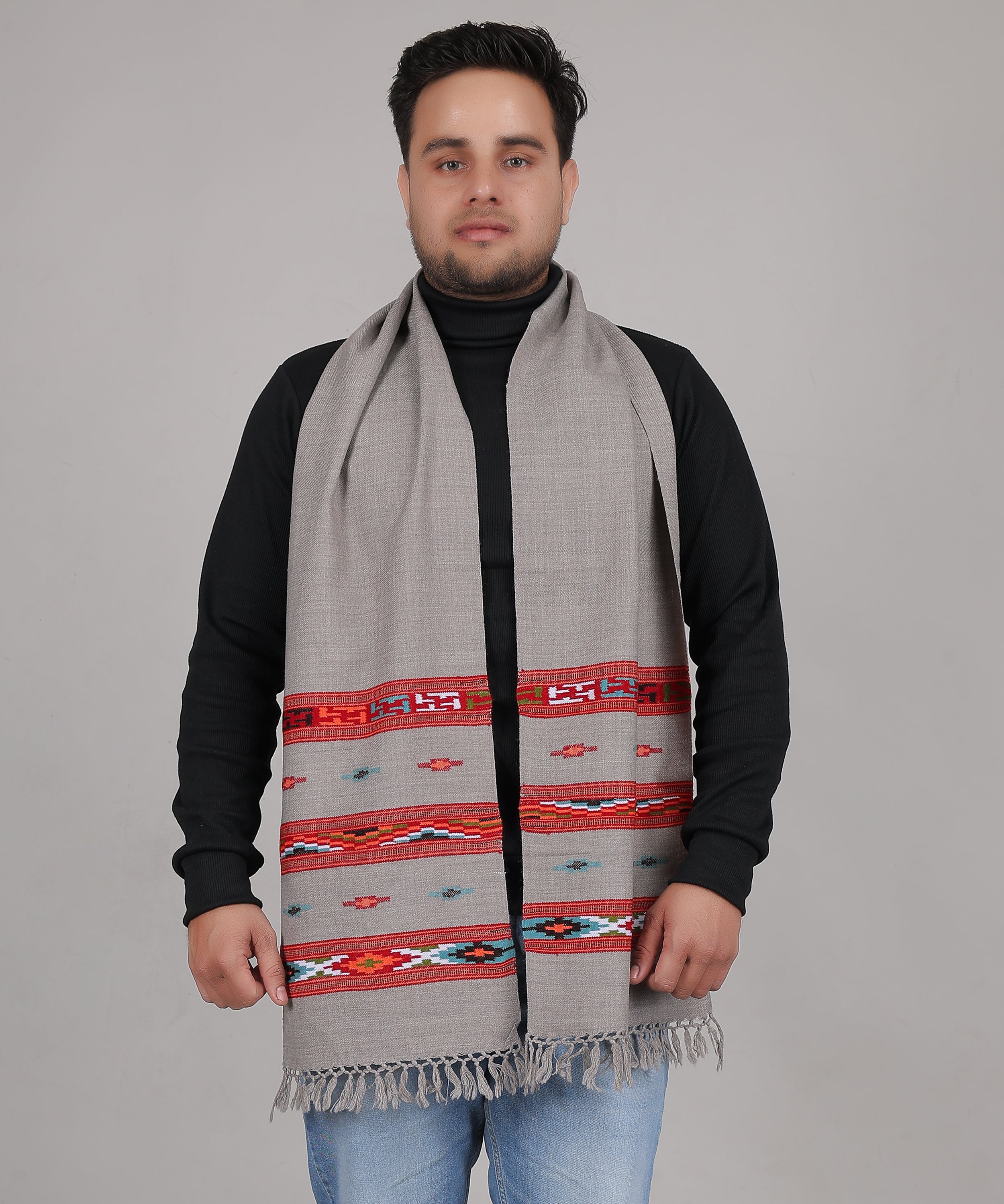 Elegant Kullu Handwoven Woollen Light Grey Muffler – Pure Wool with Rich Embroidered 3 Patti