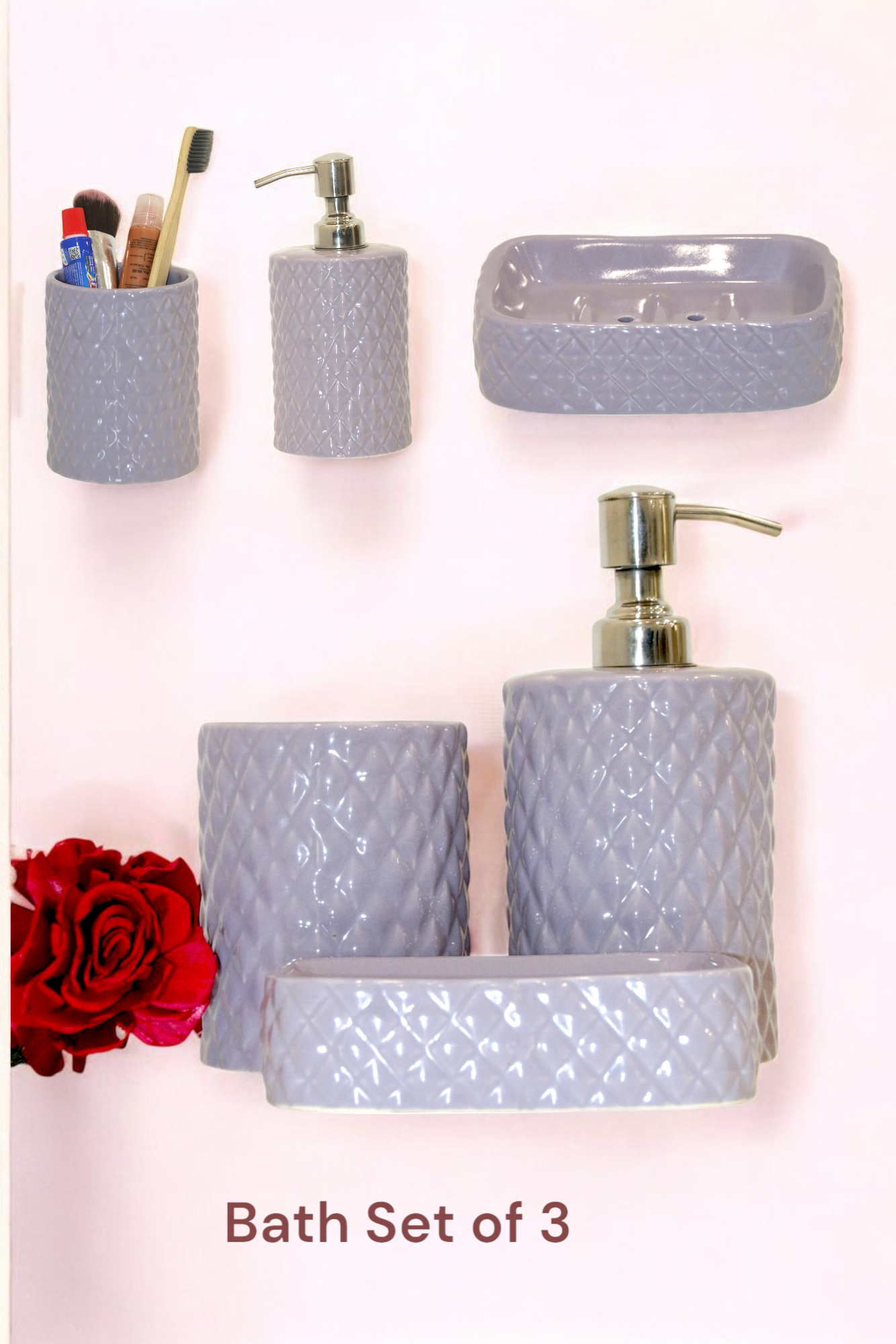 Glossy Lavender Ceramic Bath Set of 3
