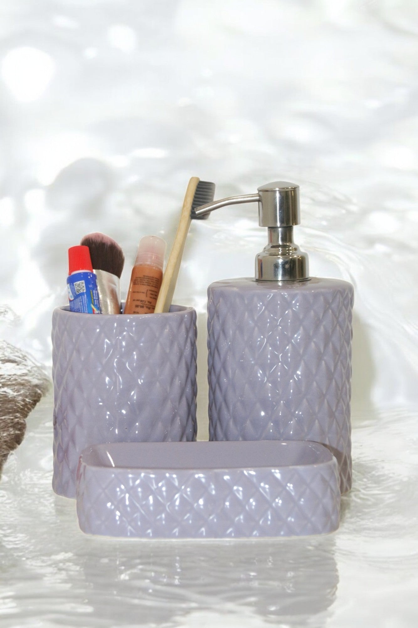 Glossy Lavender Ceramic Bath Set of 3
